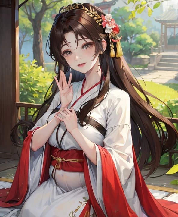 masterpiece, best quality，Five months pregnant， aldult, Chinese style, China, elder sister,  Smile, brown hair, princess cut, Full of motherhood，Hanfu，Pure affection，blush，Dignified yet lively，Mother，Place your hands on your stomach，Full of motherhood，Sexy，charming，Graceful and graceful，A thousand flavors，charming，With a royal air，long hair，With hairpins，长Hanfu，beautiful，beautiful，The hand caressed the belly，There is a mature and maternal look on his face，charming的