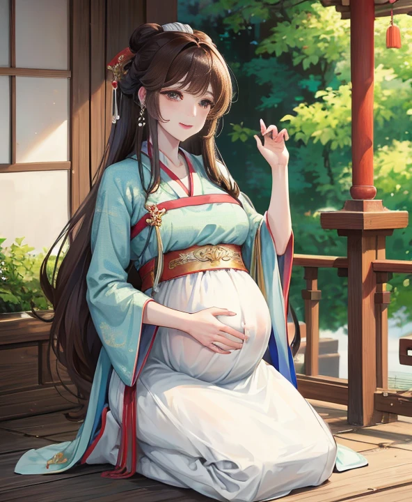 masterpiece, best quality,Five months pregnant, aldult, Chinese style, China, elder sister, Smile, brown hair, princess cut, Full of motherhood,Hanfu,Pure affection,blush,Dignified yet lively,Mother,Place your hands on your stomach,Full of motherhood,Sexy,charming,Graceful and graceful,A thousand flavors,charming,With a royal air,long hair,With hairpins,长Hanfu,beautiful,beautiful,The hand caressed the belly,There is a mature and maternal look on his face,charming的