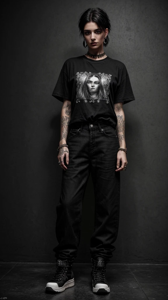 Realistic, (masterpiece:1.4, best quality), (intricate details), unity 8k wallpaper, ultra detailed, grunge girl, t-shirt band, black t-shirt, baggy pants, black earring, tattoos, big tits, full jewelry, grunge background, full body view, beautiful eyes, high quality face, short hair, black hair, docmart shoe