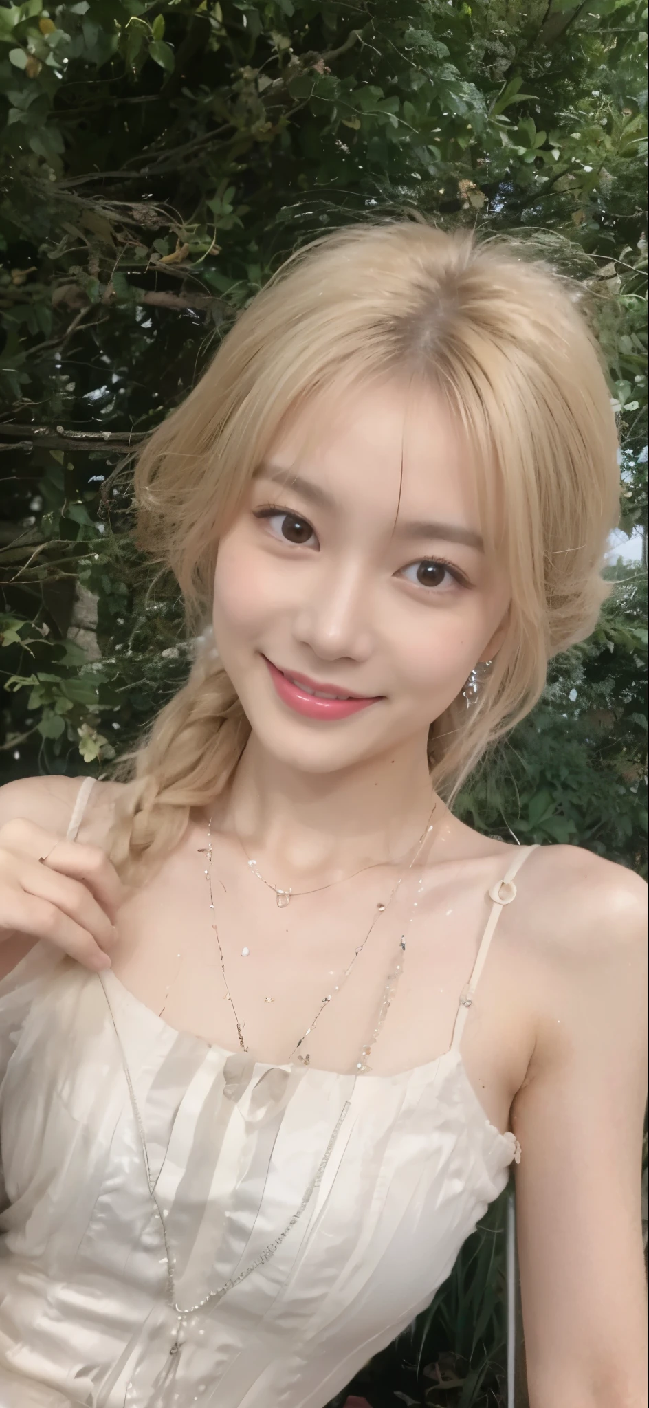 1girl, solo,dress, blonde hair, green eyes, braid, white dress, outstretched hand, outdoors, looking at viewer, cloud, bare shoulders, sky, smile, wind