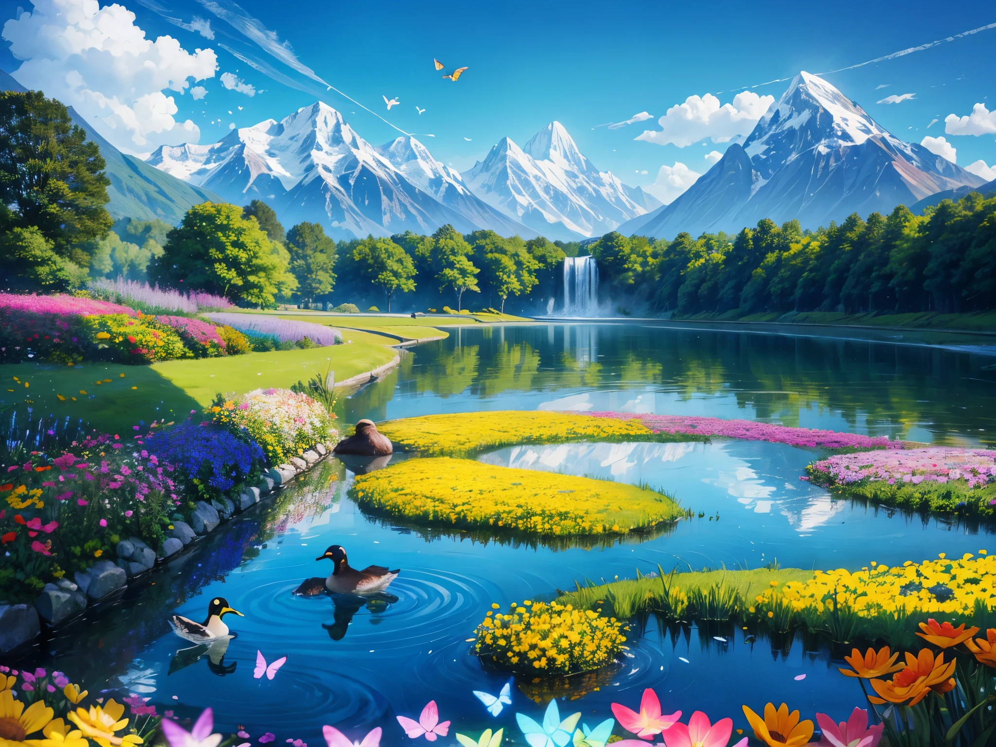 a field of brightly colored flowers of different type made of shiny glass with mountains in the background, multi-colored butterflies made of glass, a waterfall, stream and a lake, blue sky, white fluffy clouds, realistic mallard ducks in the stream and lake