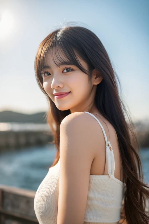 (8K, highest quality, masterpiece:1.2), (realistic, realistic:1.37), ultra detail, 1 girl, Korean, cute,alone,beautiful and detailed sky,date,(blush),(smile:1.15),(closed mouth)small breasts,beautiful and fine eyes,(long hair: 1.2),Floating hair NovaFrogStyle, Upper body, Tank top