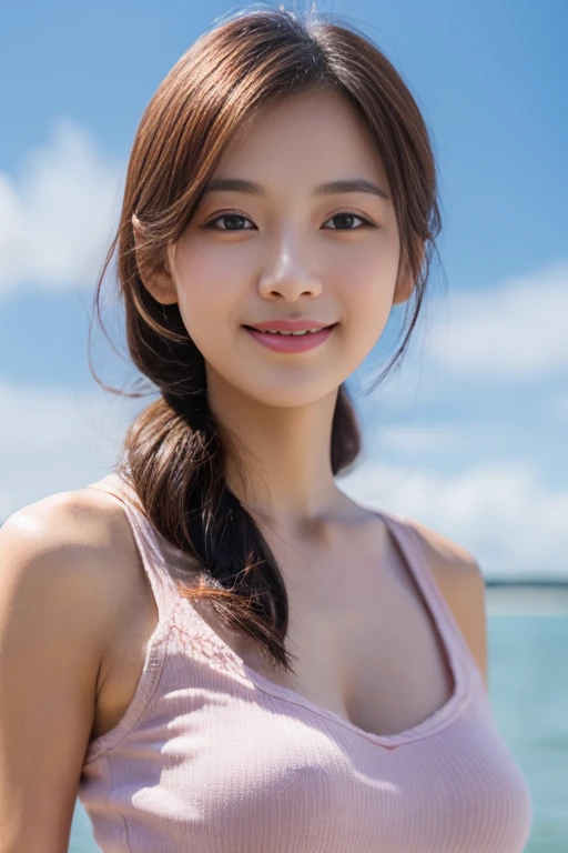 (8K, highest quality, masterpiece:1.2), (realistic, realistic:1.37), ultra detail, 1 girl, Korean, cute,alone,beautiful and detailed sky,date,(blush),(smile:1.15),(closed mouth)small breasts,beautiful and fine eyes,(long hair: 1.2),Floating hair NovaFrogStyle, Upper body, Tank top