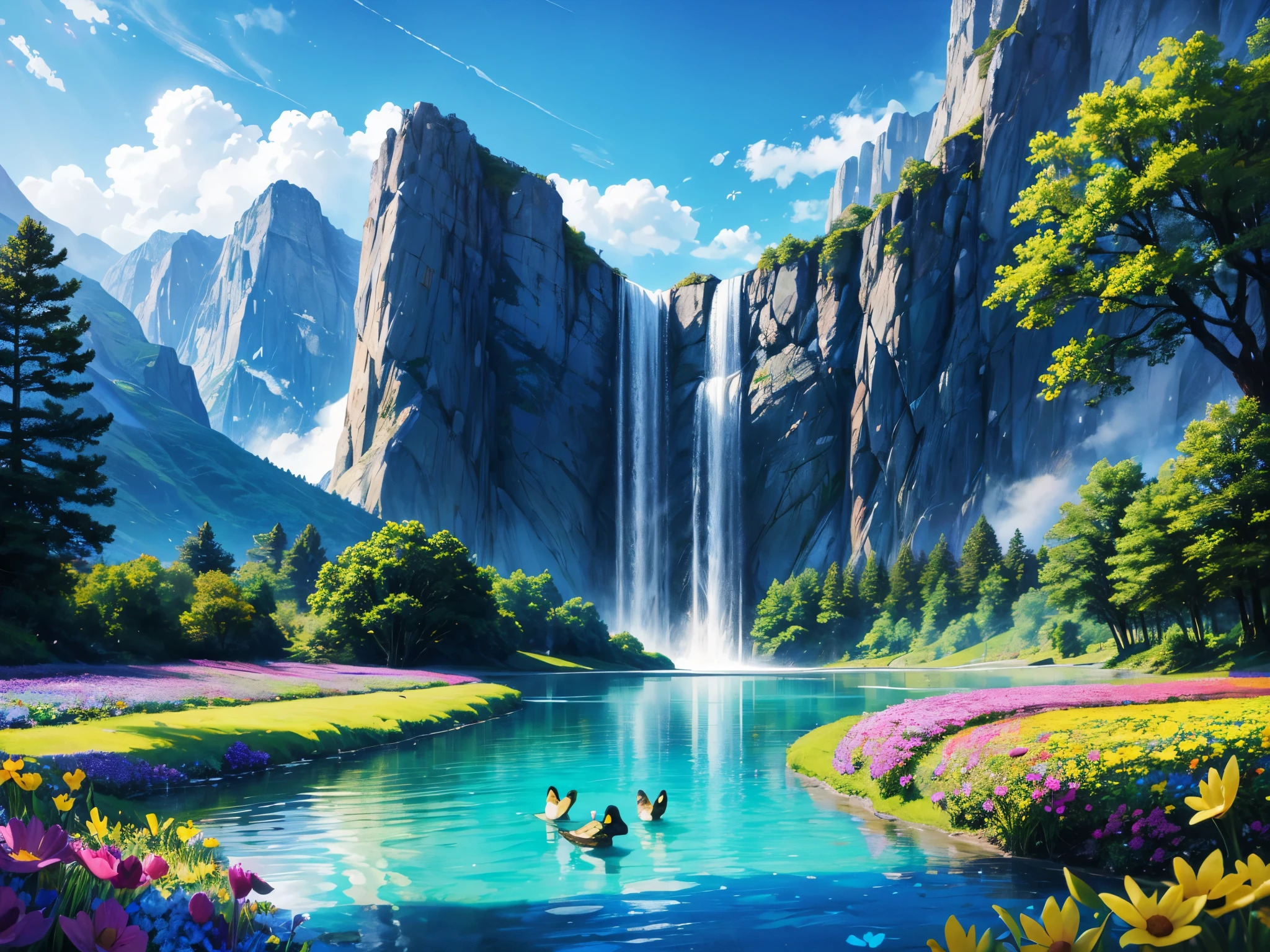 a field of brightly colored flowers of different type made of shiny glass with mountains in the background, multi-colored butterflies made of glass, a waterfall, stream and a lake, blue sky, white fluffy clouds, realistic mallard ducks in the stream and lake