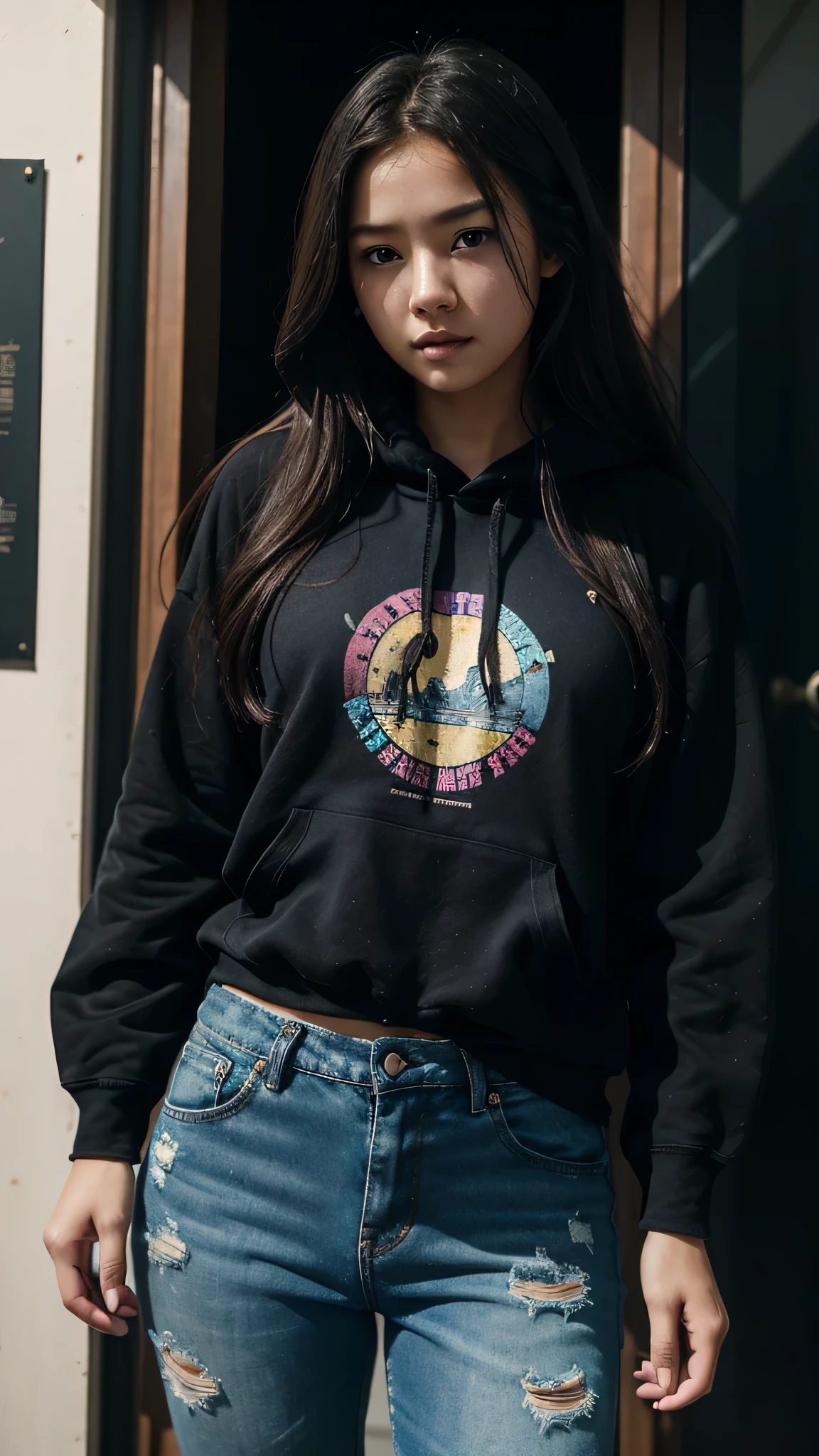 最high quality、best image quality、masterpiece、teenage girl((American、18-year-old、 By becoming、vest bust、medium bust,wide open breast tea、black eye, colorful hair、long hair、thin,highest valley、toned chest、black hoodie、blue distressed pants)),high quality、beautiful art、background((In front of the entrance)),debris flies、Depth of written boundary、movie、visual art、perfect art、8K,genuine