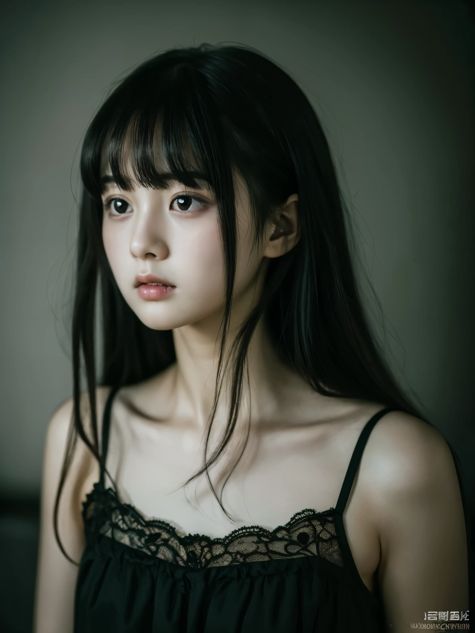 nsfw, masterpiece, highest quality, (dark photo:1.3), realistic, One girl in a lace cami, Flat bangs, Stunning innocent symmetry face, Emotional, Ulzzang, (Pueros face_v1:0.7)