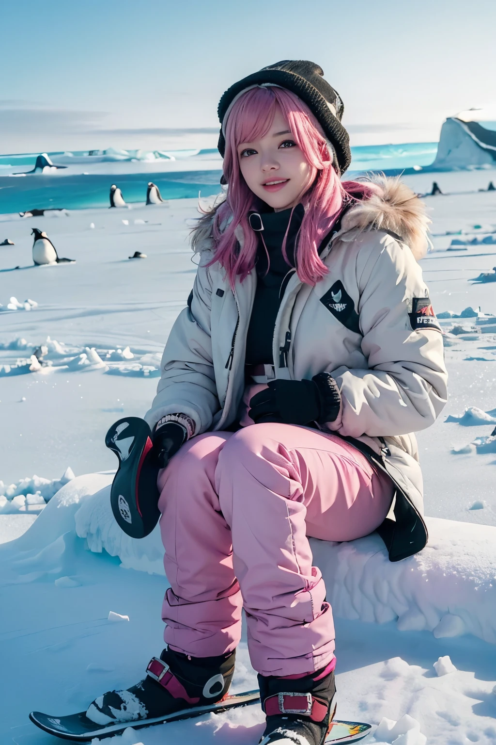 (8K, top-quality, masterpiece:1,2), (reallistic, Photorealsitic:1.37), Super Detail, One girl,), (Highly detailed), (beautifully detailed eyes), (of the highest quality), (super detailed ), (masterpiece), (Detailed face),20yr old, ,1 girl, ((pink hair)), medium breasts, clothed, Perfect Lighting, looking at viewer, (waterproof and warm down jacket:1.3), (bright color jacket), (fleece wool sweater:1.2), long sleeve heattech, (ski or snowboard pants:1.4), snow and ice resistant, (puffy outer and slim bottoms contrast:1.2), (fur hood and many pockets jacket:1.3), thick wool socks, (cold and slip resistant boots:1.4), knit hat, scarf, gloves, (bangs swept to left ear:1.2), (right side trimmed above ear:1.2), smiling, (eyes looking at camera:1.2), (right hand holding hood halfway:1.3), (snowy field:1.4), (icebergs and penguins in distance:1.4), (sunlight on face:1.3), (few shadows:1.2), (bright colors:1.2)
