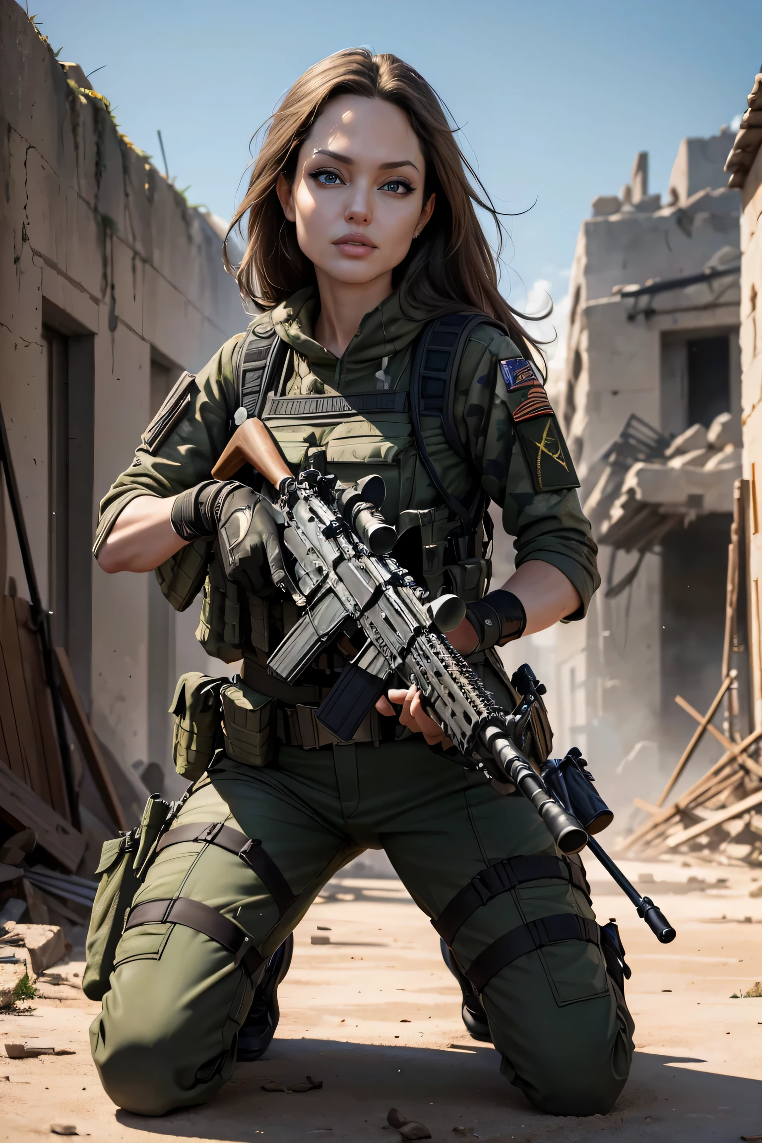 (masterpiece),(8K),(ultra detailed),(a high resolution),(Angelina Jolie takes aim with a machine gun),(Take a look at the sights:1.3),Close one eye,(Crouch and hold an assault rifle:1.2), One, facade, Full body drawing,Military helmet,Army camouflage uniform,Camouflage long pants,Combat Gloves,backpack,Black Tactical Vest,A collapsed wall in the background.,detailed drawings of weapons