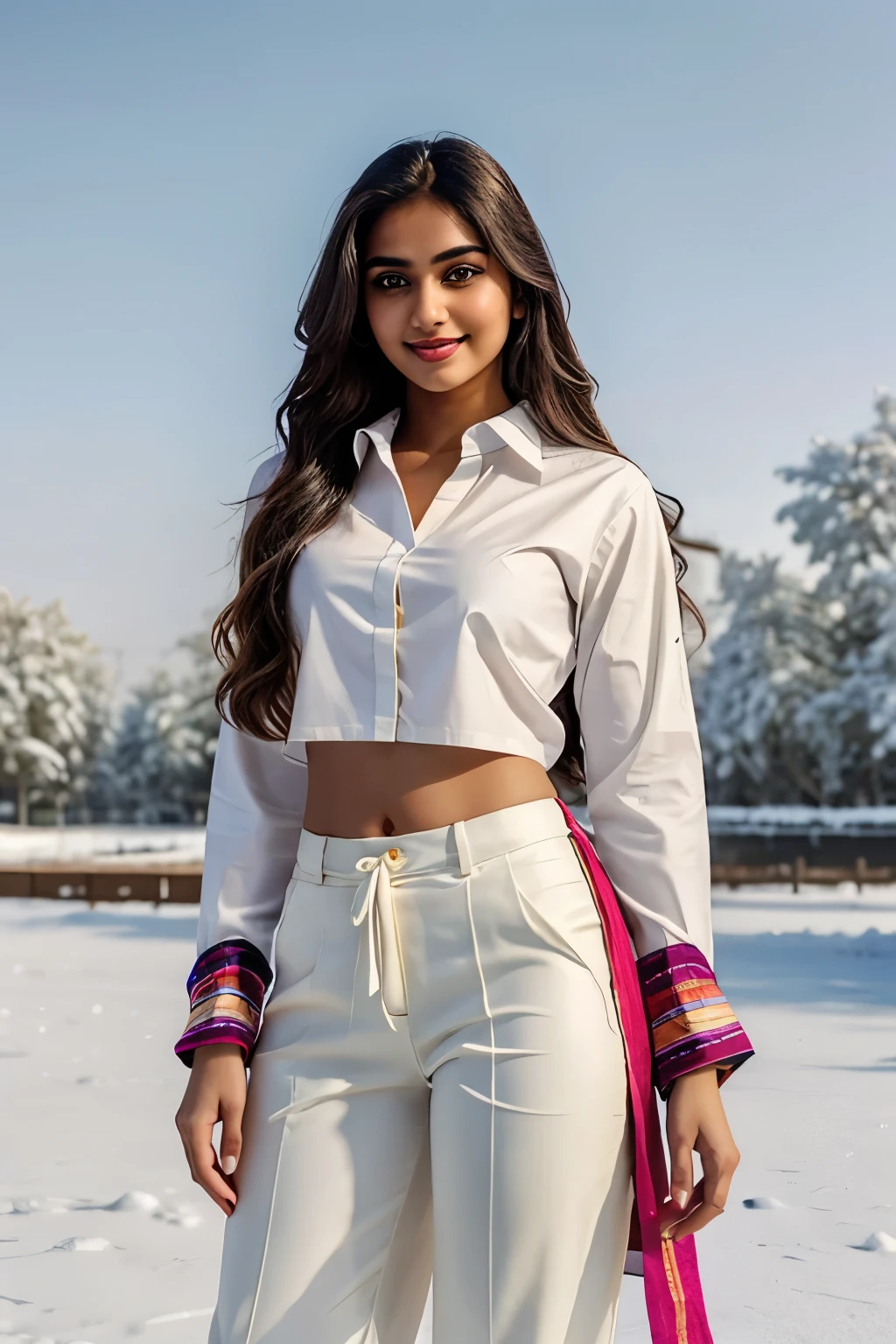 lovely cute young attractive Indian girl, 19 years old, brown eyes, radiant smile, an emerging Instagram model, long blonde hair adorned with vibrant ribbons, embracing the winter chill, Indian heritage shining through, dressed in a pristine white shirt and sleek black pants, captivating audience with her charm and allure.