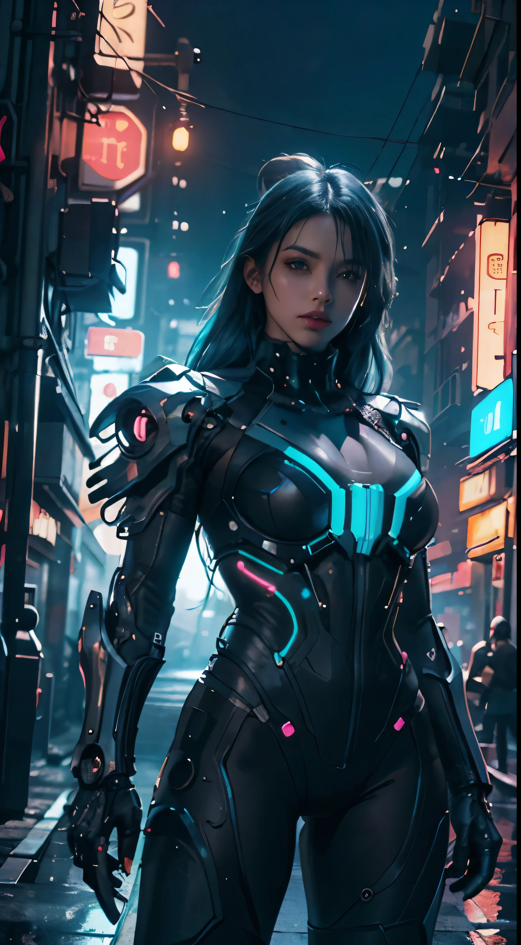 una chica,Vestir sexy,future techwear,mechanical prosthesis,mechanical skeleton, Noche, Una ciudad cyberpunk en ruinas, Neon Billboard, Mejor calidad de imagen, Maximum clarity and clarity, Realismo ultrarrealista, Alto detalle, Afofuturismo,Contraste de luz y sombra, Cinmatic Lighting, Trazado de rayos, Luz reflectante, Lente vaquero, f/4.0 ,blu hair big tits,neon lights , retrofuturistic mechanic suit ,muscle woman ,wings
