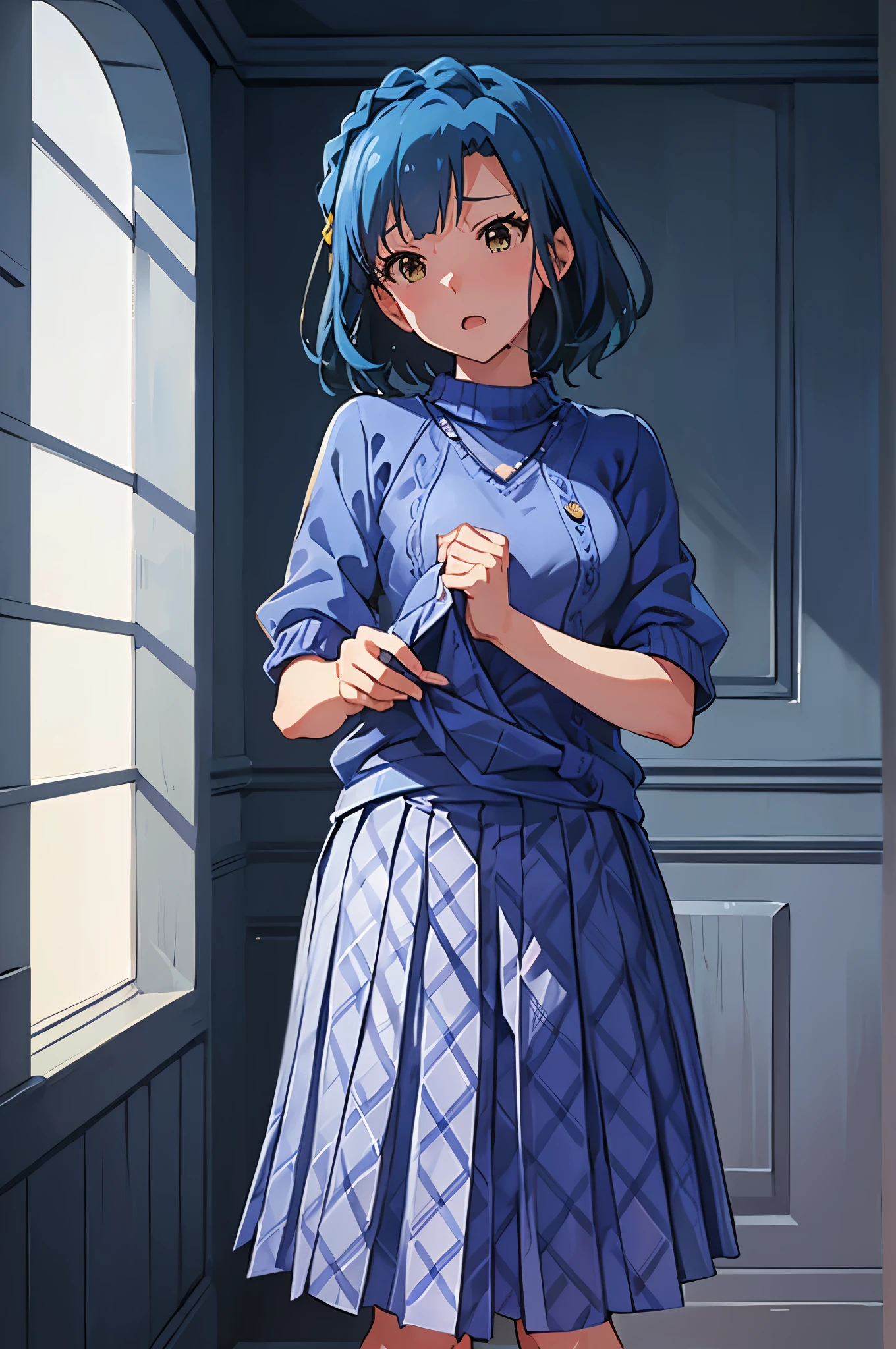 yuriko nanao (million live), 1 girl, Solo, Cute Girl, Best Quality, Ultra-detailed, 8K, High resolution, Detailed face, Bob Hair, looking at viewer, (((anguish, panicking))), ((blue sweater, Argyle sweater, short sleeves))), gray skirt, pleated skirt, (((undressing, toples))),