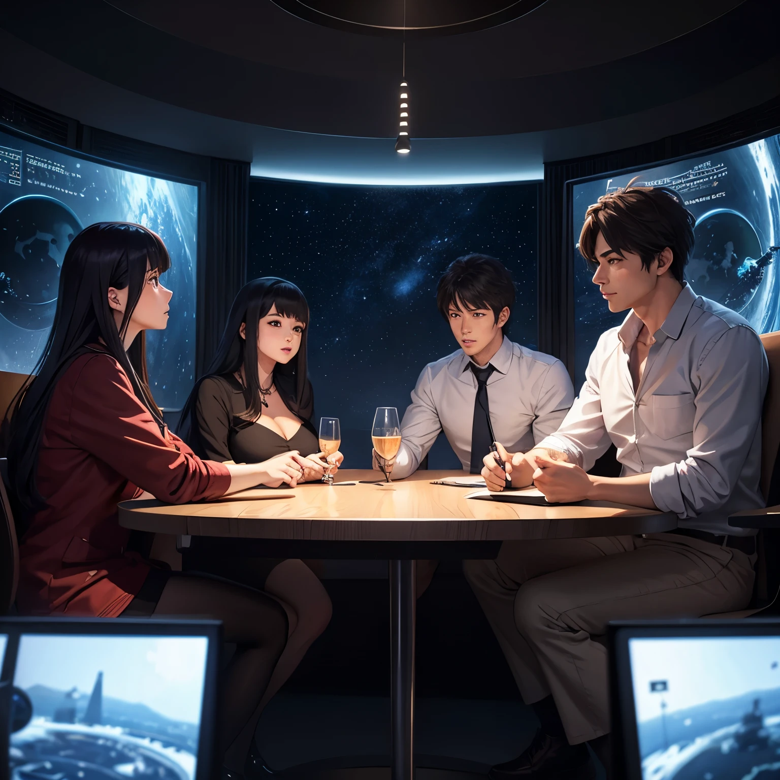 high quality、8K、photorealistic anime drawings、Inside the dark planetarium、Men and women talking at the table