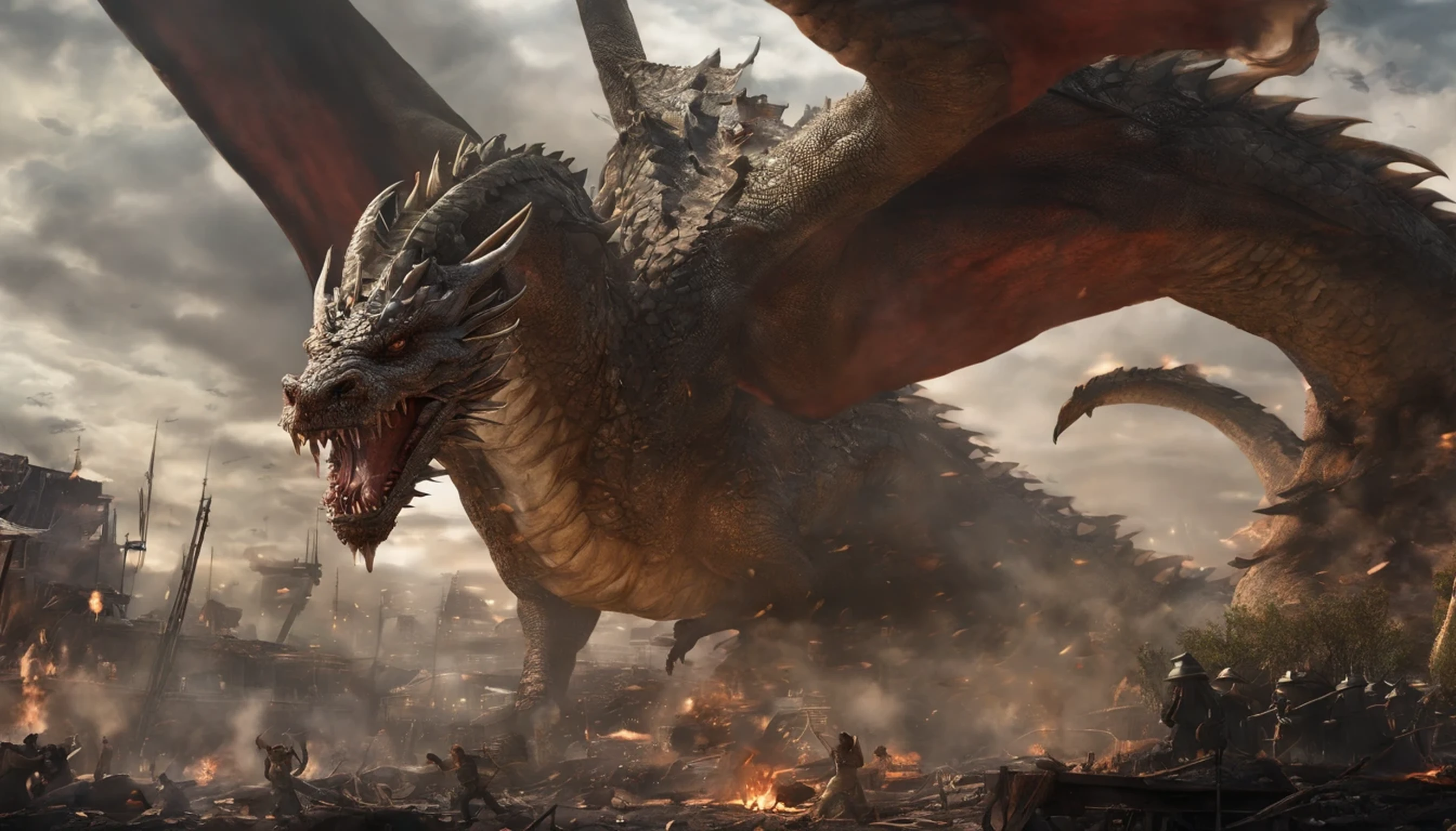 western worldview、concept art、dark clouds、lightning、(邪悪なdragon)、ダークdragon、Hsien-lung、Huge dragon flying in the air、Has demonic Huge winganya、take a breath、Burn down the city、realistic、real image、aerial perspective、(上空を飛ぶHsien-lungを地上から見上げる構図)、Huge、Burn everything on earth、end、red glowing eyes、humankind annihilation、the city was engulfed in Burns、crocodile-like face、(western dragon)、(dragon'head is a little small)、赤と黒のHsien-lung、flames like a nuclear explosion、Remains、pile of rubble、1dragon、conceptual art, shortening, wide angle, nffsw, pieces fly, rough skin, Super detailed, advanced details, High resolution、Composition of a dragon seen from below、dust fly、(apocalyptic world)、scale、Burn、Fine scale、(((青く光る剣を構えdragonに立ち向かう勇者の少年)))、((lightningを纏う青く光る剣を天に掲げる勇者、armor))、(fantasy art)