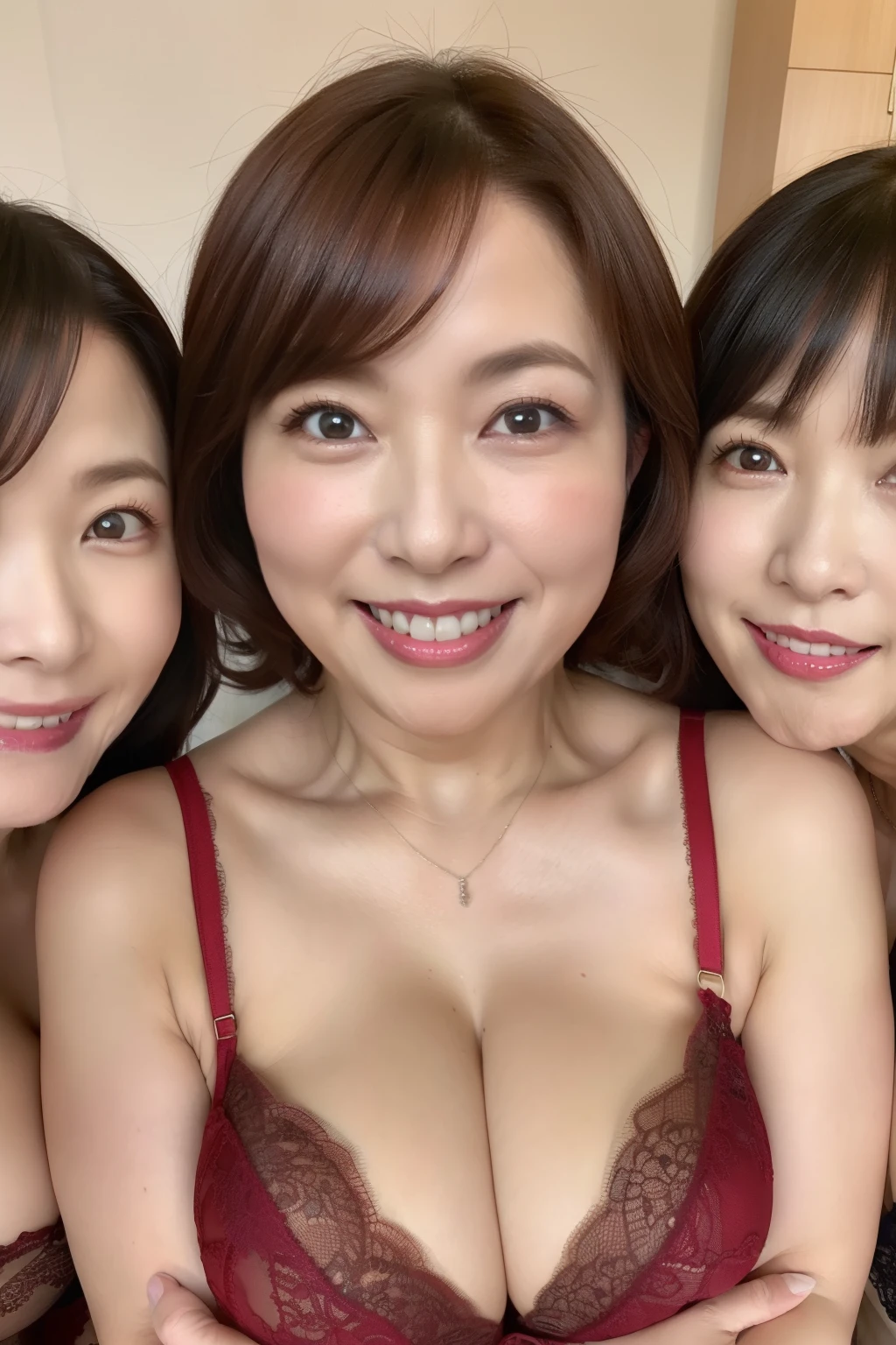 (Highest quality, masterpiece:)Ultra-high resolution、((((Three naked women standing)))), Full body front view、Japanese Model, A young and かわいい gravure idol,sakimichan hdri, 、bangs、Wavy long hair、necklace、Earrings、bracelet、beauty、Victory smile、Mature Woman、Please face forward and look at the camera、(Big Breasts)