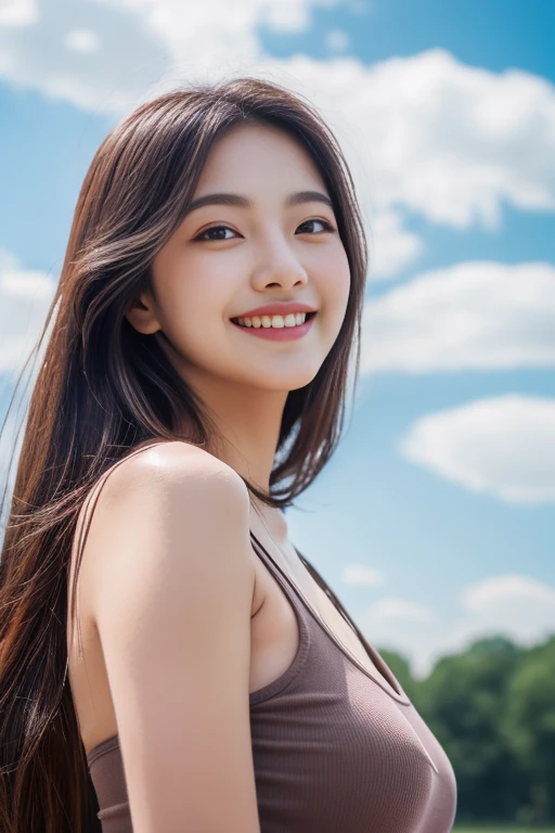 (8K, highest quality, masterpiece:1.2), (realistic, realistic:1.37), ultra detail, 1 girl, Korean, cute,alone,beautiful and detailed sky,date,(blush),(smile:1.15),(closed mouth)small breasts,beautiful and fine eyes,(long hair: 1.2),Floating hair NovaFrogStyle, Upper body, Tank top