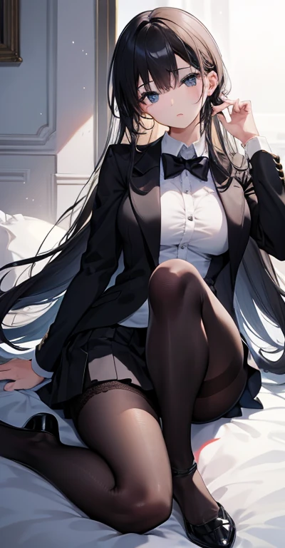 最high quality ， master piece ， full body view、Provocative、1 strap ， beautiful face ， （realistic photography ： 1.3） ， Illuminated border ， high quality ， High resolution ， 4K ， 8K ， Bokeh ， Ideal proportions of four fingers and thumb， （realistic：1.3）， cute 1 girl， Wearing a black formal blazer， medium breasts， short skirt，lace pantyhose，sexy pose、legs are slightly open、