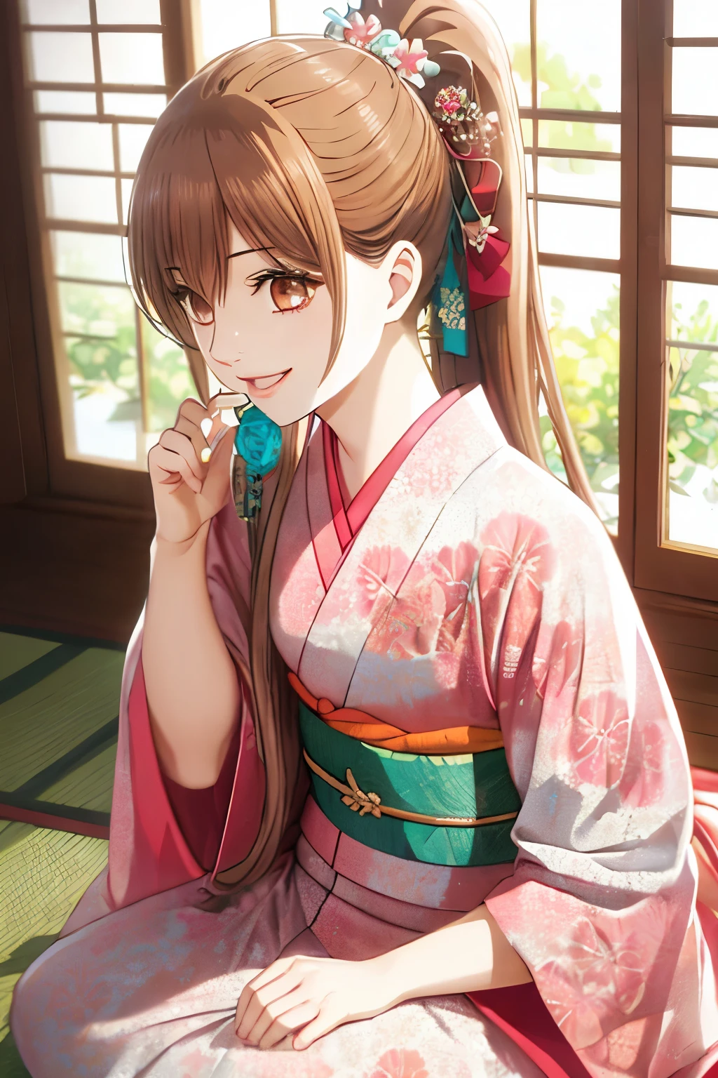 master piece, best quality, 8k, 超High resolution, highest quality, anime style, best writing, beautiful face, smile, open your mouth, smile, highest quality, High resolution, intricate details, highest quality, chromatic aberration, brown hair, ponytail, 1 girl, alone, kimono, kimono, seiza, whole body, long hair, thighs, long hair, hair ornaments, (face focus:1.3)