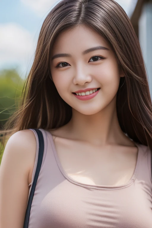 (8K, highest quality, masterpiece:1.2), (realistic, realistic:1.37), ultra detail, 1 girl, Korean, cute,alone,beautiful and detailed sky,date,(blush),(smile:1.15),(closed mouth)small breasts,beautiful and fine eyes,(long hair: 1.2),Floating hair NovaFrogStyle, Upper body, Tank top,frontal shot,