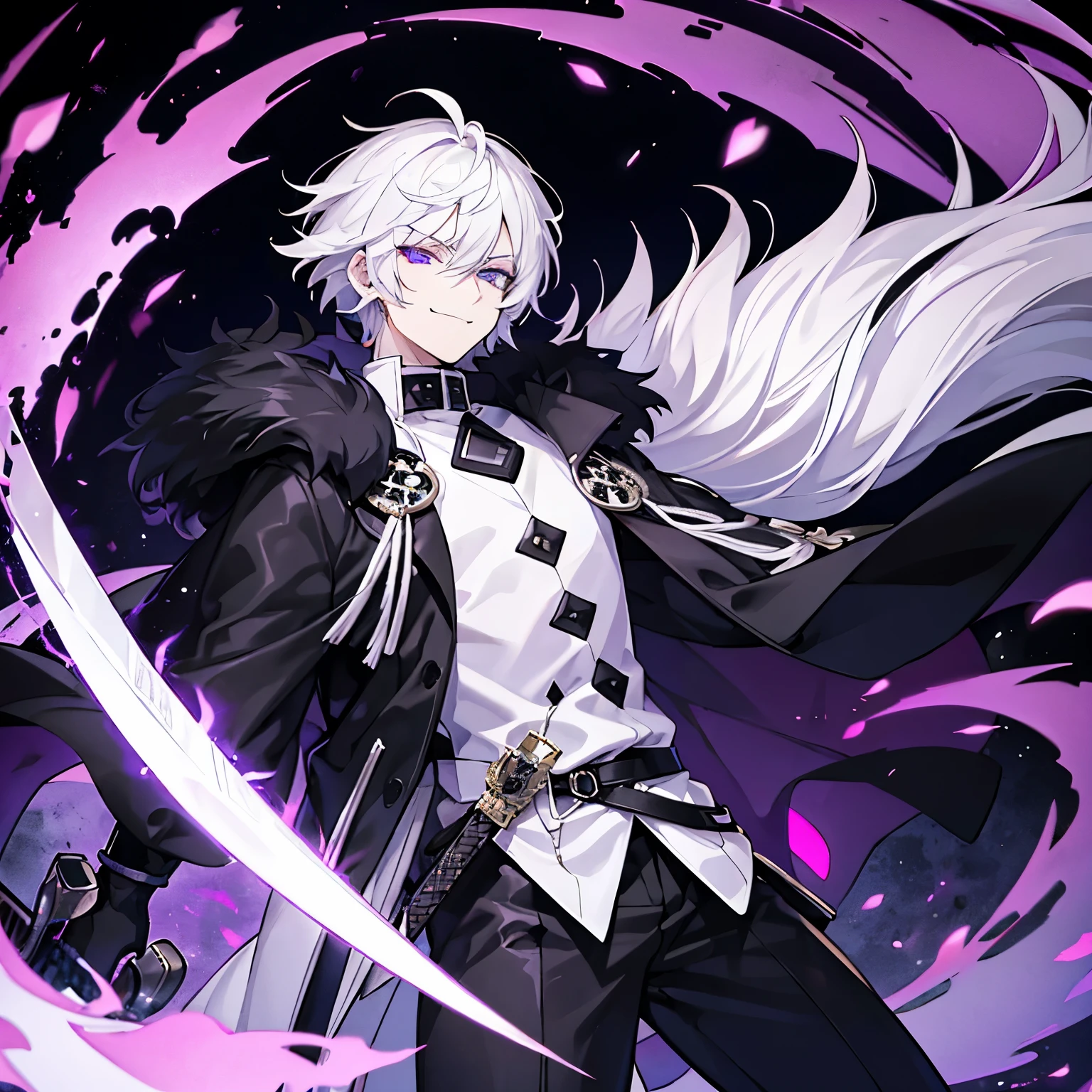 Man, White hair, light purple eyes, Black fur coat, pants, 1 person, whole body, smirk, solo, sword, night, village