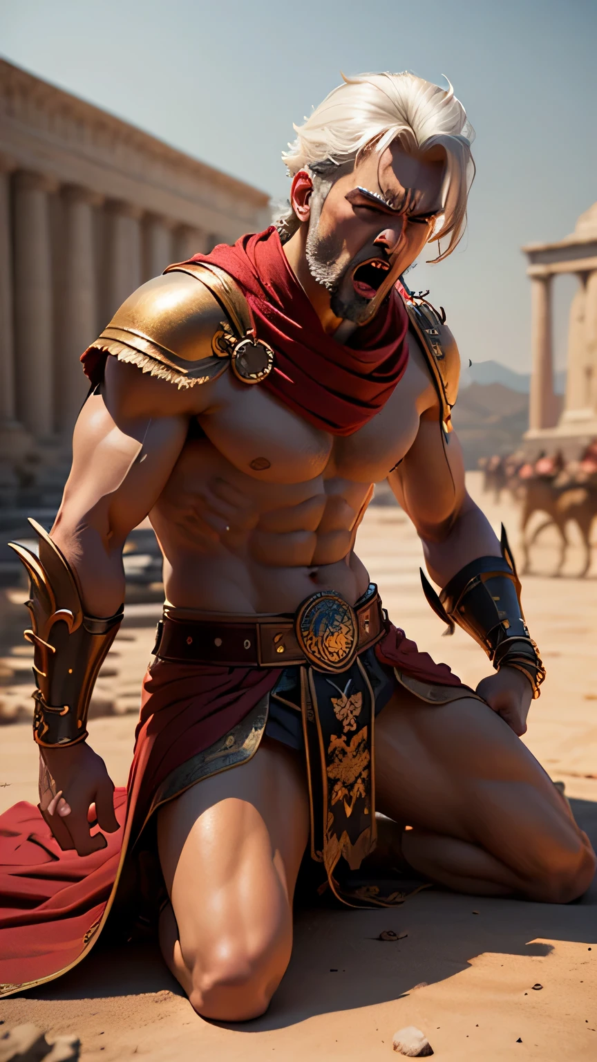 (Professional 3D rendering:1.3) de (Realistic:1.3), king of persia, 20 years old, Handsome, angry, white haired, Wearing no tops, (background: 480 BC Soldiers wearing Persian armor lying down:1.1) , muscular, white haired,  very angry, angry expression, shouting, battleground, ((epic hero fantasy rough muscular man wet hero angry expression long hair short beard and violent facial expression in dynamic pose, fantastic location)), 