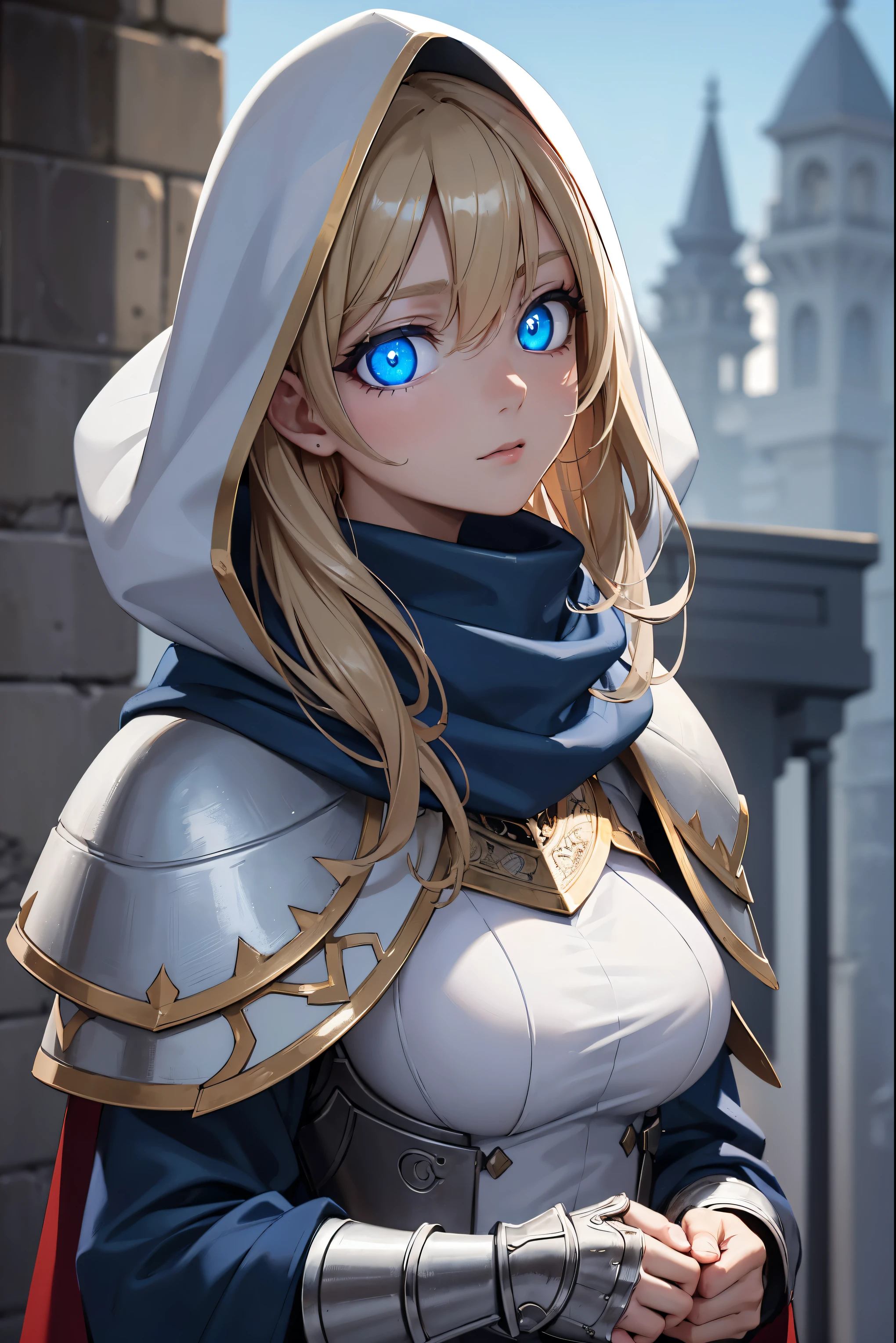 Best quality, masterpiece, (large breasts), detailed skin texture, detailed cloth texture, detailed face, super detail, 8k, intricate detail, 1girl, 30 years old, high contrast, high resolution eyes, blonde, cloth hood, red face scarf, paladin, suit of armor, blue cloak, daylight:1.2, (bright blue eyes:1.4, glowing eyes:1.4), cobblestone path, holy knight, shining white armor