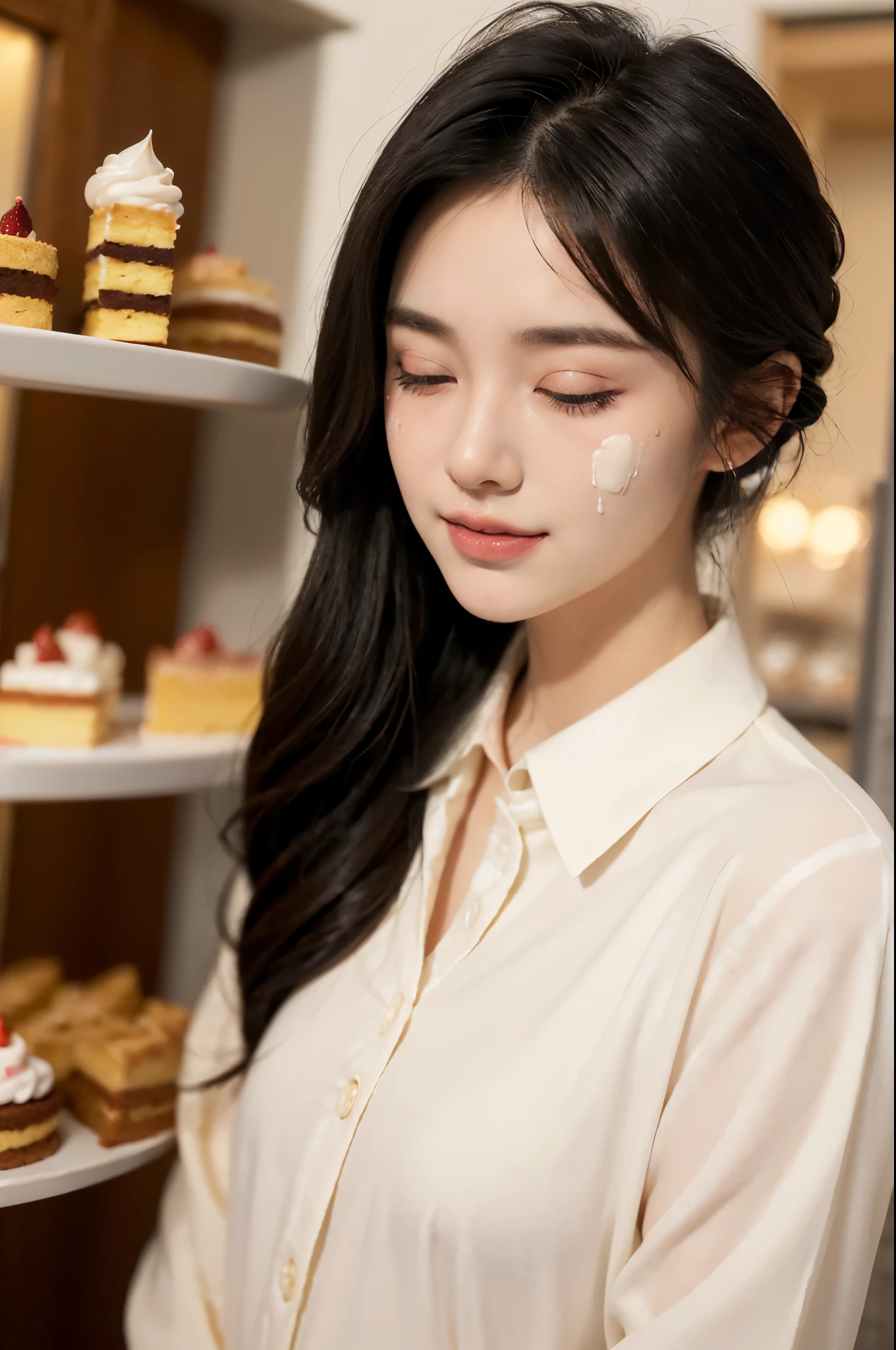 ((((8k))),((Extremely meticulous CG)) ,(wallpaper),16k,((Extremely refined and beautiful))，(((Masterpiece))),(((best qualtiy))),(((Ultra High Resolution))),beautiful light up,Perfect lightning,realistic shaded,[A high resolution],(Smooth and flawless fair skin:1.5),(pale skin:1.3),Extremely exquisite facial details,(perfect body:1.1),ultra-detailed,A beautiful girl,solo,small head,(short ponytail:1.1),(black hair:1.2),small face,Exquisite makeup,(small breasts:1.5),flat chests,slim,thin,happy,(Smile:1.2),(collared long sleeve White shirt:1.3),(night scene:1.5),(detailed background:1.5),(standing:1.3),(In a luxurious dessert shop:1.3),(Many cakes in the cabinet:1.3),(close-up of face:1.3),(from front:1.3),(close eyes:1.5),(open mouth:1.3),(female orgasmic:1.5),ahegao,(blush:1.3),(yawning:1.3),(a lot of cream on face:1.3)