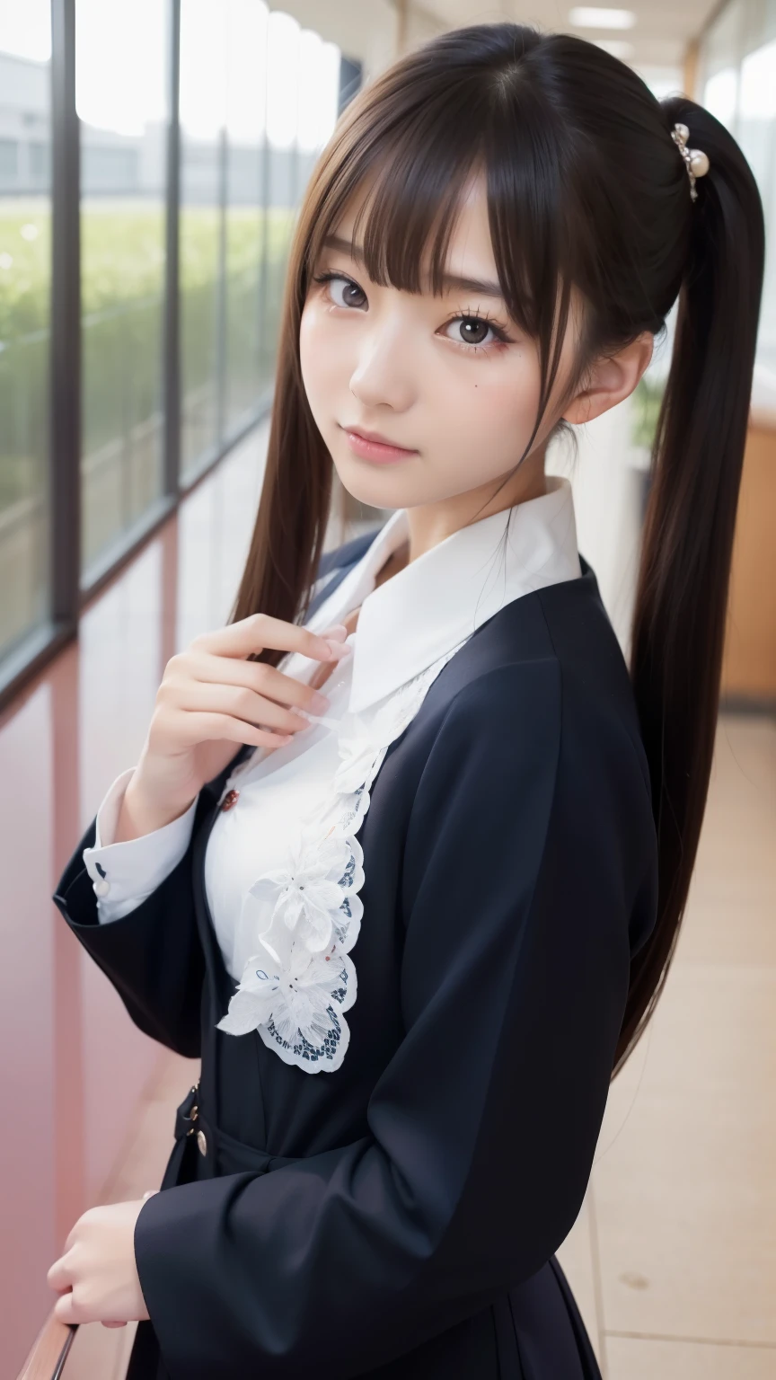 (8K, Super high resolution, highest quality, table top:1.2)、(natural skin texture、fine skin、hyper realism、Super sharpness)、intricate details、Depth of bounds written、japanese idol 、Uniform blazer girl for photo, Two beautiful japanese girl、 16 years、Walking down the school hallway on the way to class、waving、gorgeous japanese model, long twin tails、Lovely lady, japanese goddess, gorgeous young japanese woman, japanese girl, Outfits of high school girls、japanese girl, beautiful sexy woman photo, beautiful goddess, Beautiful Japan high school student, amazingly cute、inviting eyes