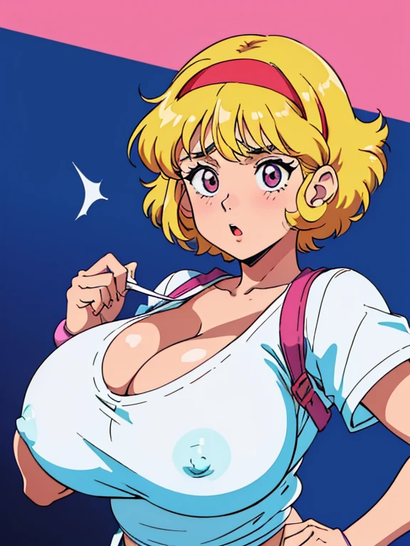 anime girl looking at camera, Anime aesthetics of the 90s, retro anime girl, 90s anime style，highest quality，beautiful,(Titty fuck、Man Without a Face、hetero、(big breasts:1.4))one girl、plump body、surprised face、troubled face、embarrassing、blush、open mouth、Upper body、short hair、blonde hair、curly hair、wavy hair、Chubby:1.4、White Tennis Wear、Wristband、headband、Clothes、small nipples：1.3、Curvaceous、mature woman、Are fat、