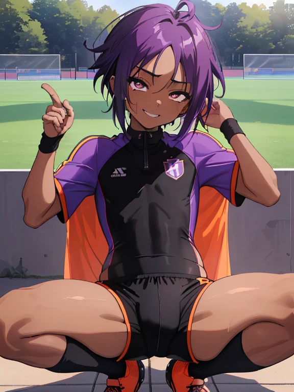 (((official art,Super thin illustration,High resolution, muste piece, best quality,best quality,)))high quality, detailed, ( boy),12 yeaung ace striker male idol with a super cute face,A boy as beautiful as Planding, Cool handsome face with smile, soccer spike, long legs, thighs, Foots, Bulge, (purple hair、Spiky hairstyle)、shiny hair, (tight shiny orange soccer uniform suit), (tight and shiny soccer shorts), (Soccer Socks), grassy area, cool pose, (厚いthighs、Seduce your big ass to your crotch)、(((soccer field in the park)))、((Saucy、))、grinning grin、spread legs,ultra fine painting, (best quality, In 4K, 8K, High resolution, muste piece:1.2),(((Being aware of the sexual gaze of middle-aged gay men)))、Service Shots、(((black skin)))、((detailedな目:1.2))、cute eyes、