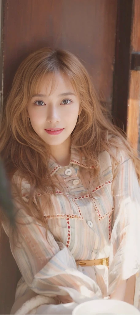 ((Masterpiece, Top image quality, high resolution、solo、shiny skin))(on the table, best quality, realistic, Super detailed, meticulous, high resolution, 8k wallpaper), Close-up portrait of a beautiful woman, Chariada, smiling, light brown messy hair, Perfect dynamic composition, 美丽meticulous的眼睛, Just like the cover of a fashion magazine, on campus