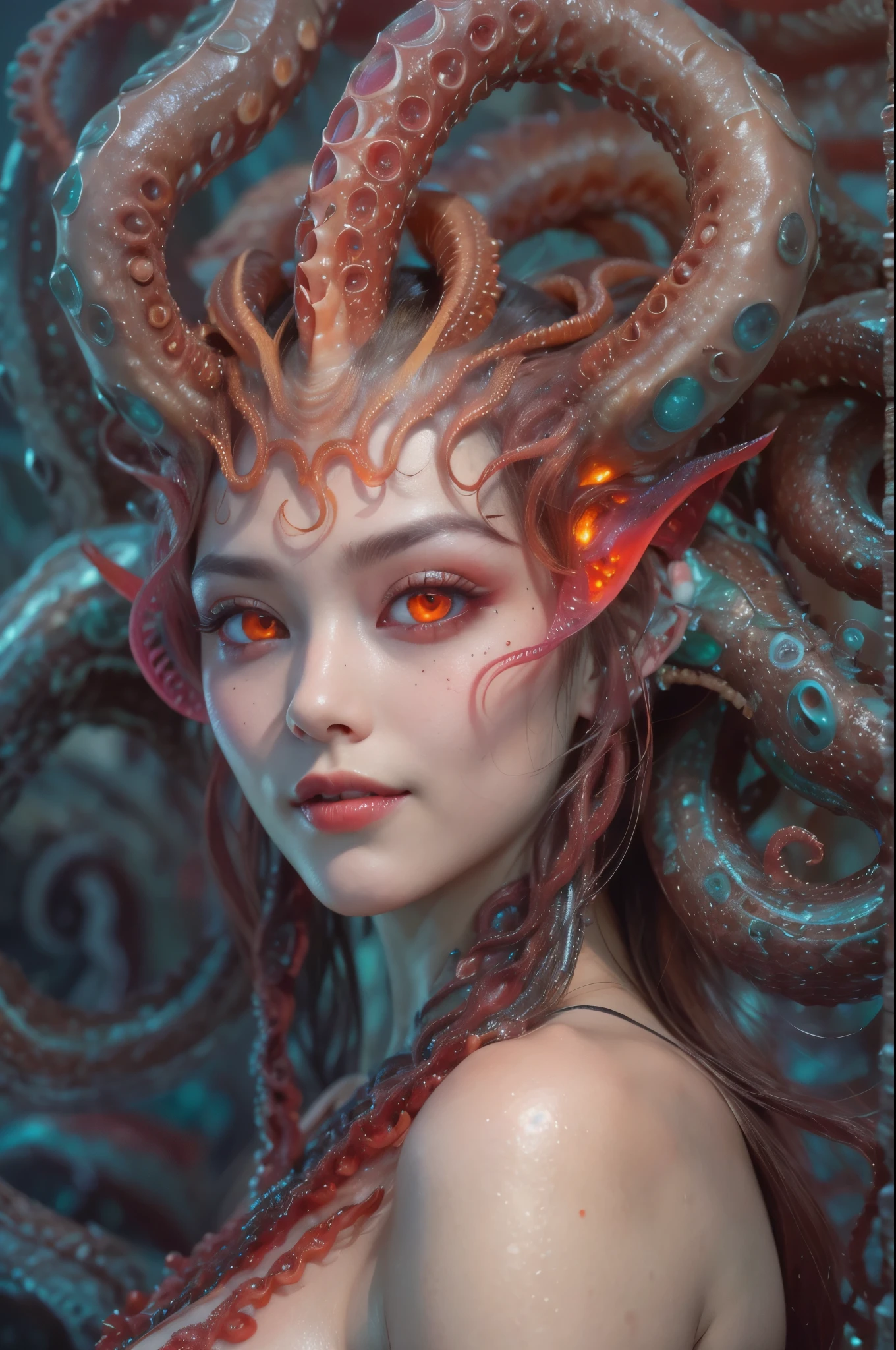 scary and sexy detailed art in color, Portrait, (beautiful and obscene female alien:1.4), (vulgarity1.5), (she has glowing red eyes with no pupils:1.8), (Translucent skin:1.7),  ((There is a female genital-like organ in the middle of the forehead:1.9)), (The most beautiful face in the history of the universe:1.2),an evil gaze that seduces, (large mouth:1.1), (sharp teeth like a vampire:1.2), Full body portrait, (bio luminescent:1.5), (Smile wickedly:1.3),  (sexypose:1.5), incredibly beautiful matured alien, (she has unparalleled beauty:1.5),  No humans, cells are fused, (Lots of translucent tentacles:1.6) extraterrestrial, cell, bio image, best quality, 8K,In 4K_quality, High freshness, Dramatic Lighting, masterpiece:1.5, cinematic quality, detail up, (exquisite details:1.2), high resolution, High freshness, drawing faithfully, (Thick eyebrows:1.2), Beautiful eyes with fine symmetry, (Highly detailed face and eyes:1.2),  (Super detailed skin quality feeling:1.1), perfect anatomy,  (Beautiful toned body:1.5),  (Moist skin:1.2), not wearing makeup, (dark circles:1.1), long canines, cinematic drawing of characters, ultra high quality model, cinematic quality, detail up, (exquisite details:1.2), high resolution, High freshness, drawing faithfully, official art, Unity 8K Wall  , 8K Portrait, best quality, Very high resolution, ultra detailed artistic photography, midnight aura,  unreal engine 5, Ultra Sharp Focus, art by Amano Yoshitaka, ArtGerm, Roisch, intricate artwork, best quality, masterpiece, ultra high resolution, (photos realistic:1.4), ultra realistic realism, dream-like, nautilus, Creation of fantasy, Snail, Dream Snail, (biopunk nautilus:1.3),Thrilling color schemes, ultra realistic realism, seductively smiling, (white tentacles with stripes:1.2), subtle emerald green accents, (expression of ecstasy:1.6) , in the dark, she has snake-like eyes