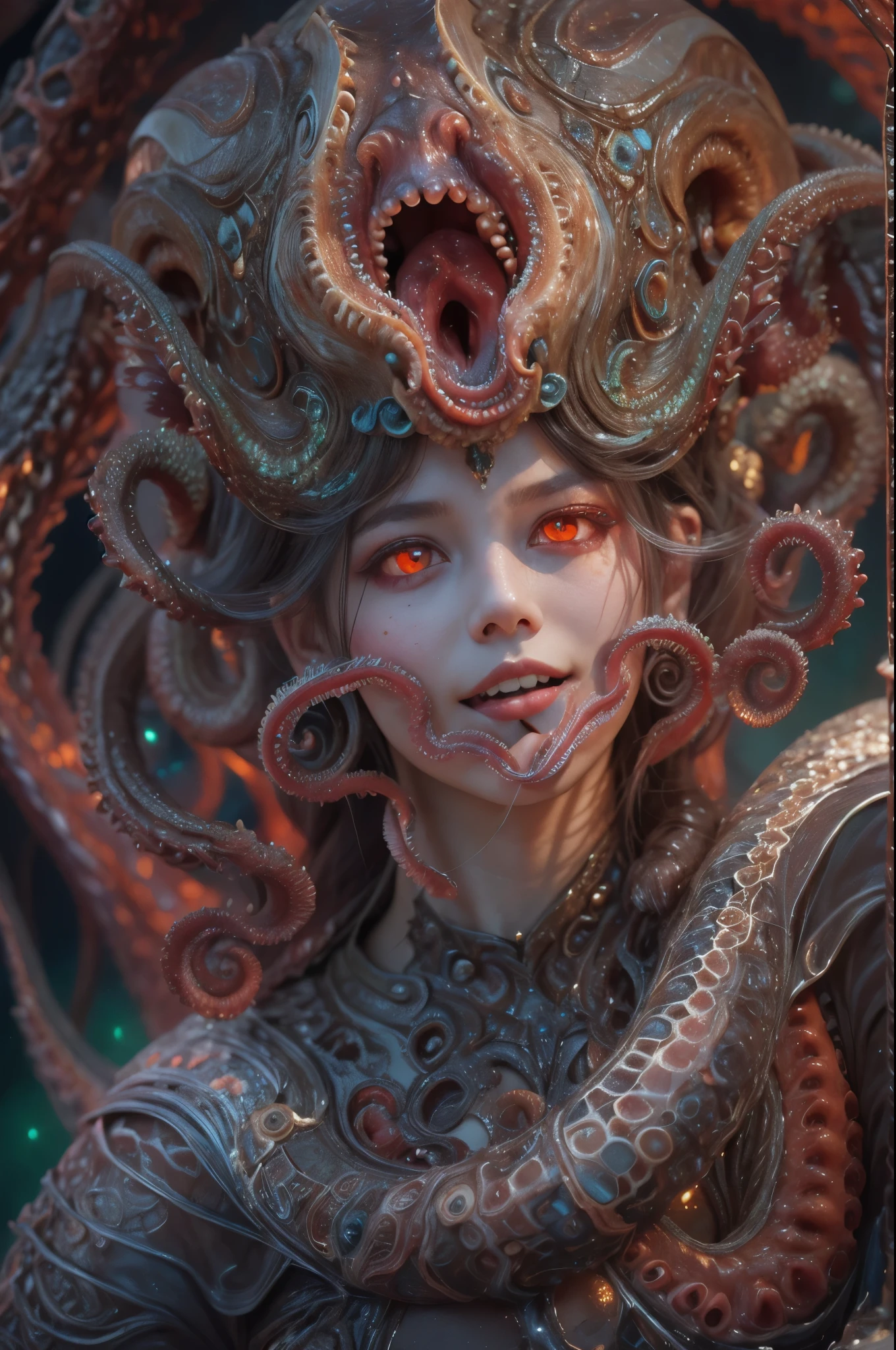 scary and sexy detailed art in color, Portrait, (beautiful and obscene female alien:1.4), (vulgarity1.5), (she has glowing red eyes with no pupils:1.8), (Translucent skin:1.7), ((There is a female genital-like organ in the middle of the forehead:1.9)), (The most beautiful face in the history of the universe:1.2),an evil gaze that seduces, (large mouth:1.1), (sharp teeth like a vampire:1.2), Full body portrait, (bio luminescent:1.5), (Smile wickedly:1.3), (sexypose:1.5), incredibly beautiful matured alien, (she has unparalleled beauty:1.5), No humans, cells are fused, (Lots of translucent tentacles:1.6) extraterrestrial, cell, bio image, best quality, 8K,In 4K_quality, High freshness, Dramatic Lighting, masterpiece:1.5, cinematic quality, detail up, (exquisite details:1.2), high resolution, High freshness, drawing faithfully, (Thick eyebrows:1.2), Beautiful eyes with fine symmetry, (Highly detailed face and eyes:1.2), (Super detailed skin quality feeling:1.1), perfect anatomy, (Beautiful toned body:1.5), (Moist skin:1.2), not wearing makeup, (dark circles:1.1), long canines, cinematic drawing of characters, ultra high quality model, cinematic quality, detail up, (exquisite details:1.2), high resolution, High freshness, drawing faithfully, official art, Unity 8K Wall , 8K Portrait, best quality, Very high resolution, ultra detailed artistic photography, midnight aura, unreal engine 5, Ultra Sharp Focus, art by Amano Yoshitaka, ArtGerm, Roisch, intricate artwork, best quality, masterpiece, ultra high resolution, (photos realistic:1.4), ultra realistic realism, dream-like, nautilus, Creation of fantasy, Snail, Dream Snail, (biopunk nautilus:1.3),Thrilling color schemes, ultra realistic realism, seductively smiling, (white tentacles with stripes:1.2), subtle emerald green accents, (expression of ecstasy:1.6) , in the dark, she has snake-like eyes
