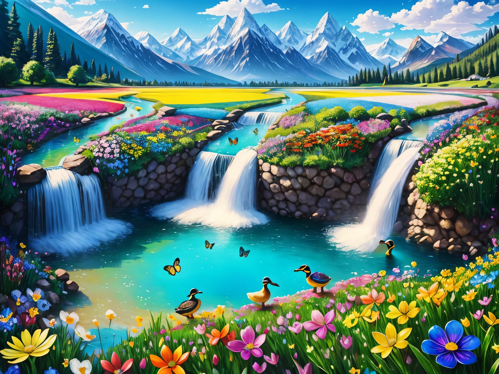 a field of brightly colored flowers of different type made of shiny glass with mountains in the background, multi-colored butterflies made of glass, a waterfall, stream and a lake, blue sky, white fluffy clouds, realistic mallard ducks in the stream and lake