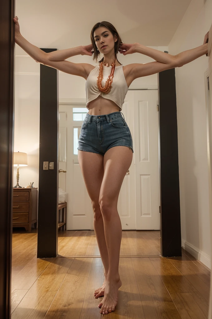 Dslr photo, (8k, 4k, masterpiece),beautiful pretty shy filipina asian woman, standing, indoors, black camisole, denim shorts, arms fully extended, dynamic, full subject in frame, full body view, hips, barefoot, (too tall), (hunched over), taller than room so has to hunch over,(extremely tall:1.6), (extremely long limbs:1.6), (long neck:1.6), lankey, six fingers on hand