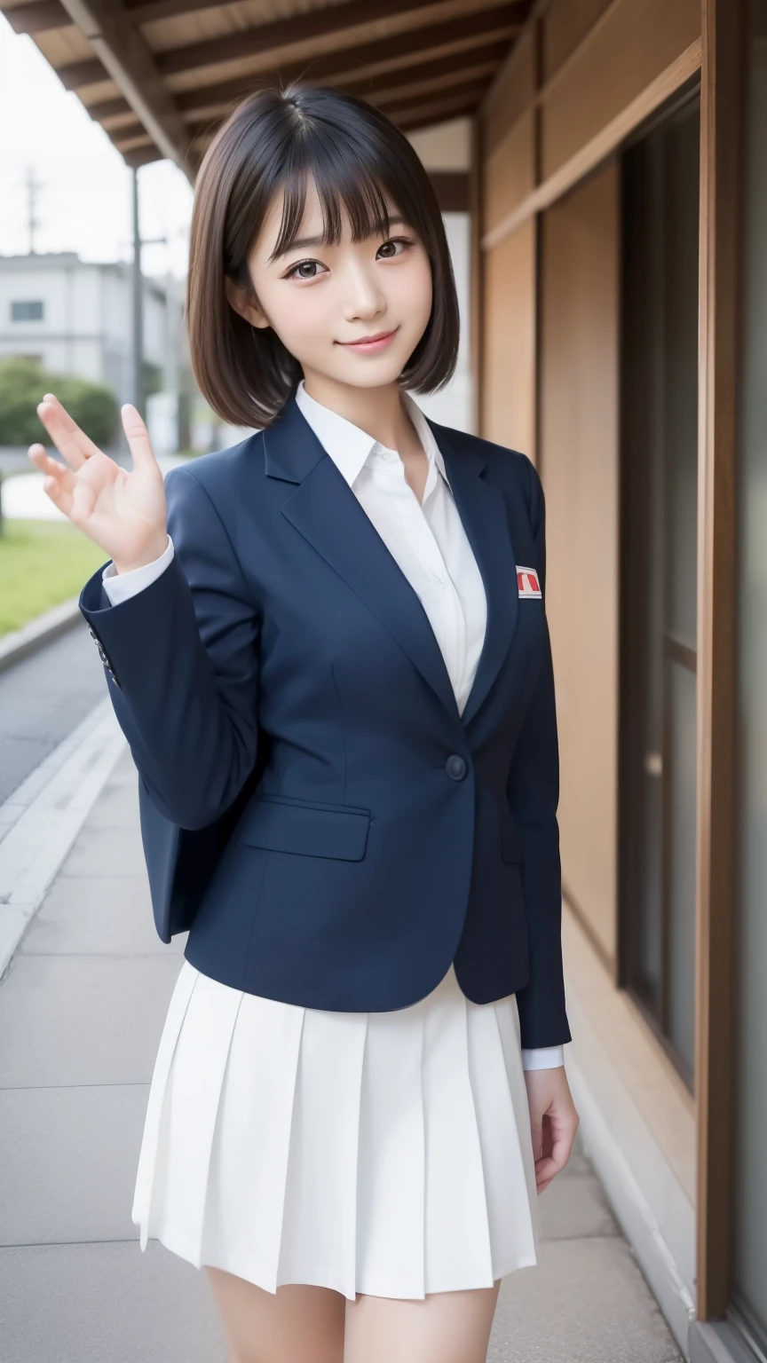 (8K, Super high resolution, highest quality, table top:1.2)、(natural skin texture、fine skin、hyper realism、Super sharpness)、intricate details、Depth of bounds written、japanese idol 、Uniform blazer girl for photo, Two beautiful japanese girl、 16 years、school hallway、walking on the way to class、waving、gorgeous japanese model, short hair、Lovely lady, japanese goddess, gorgeous young japanese woman, japanese girl, Outfits of high school girls、japanese girl, beautiful sexy woman photo, beautiful goddess, Beautiful Japan high school student, amazingly cute、inviting eyes、A big smile