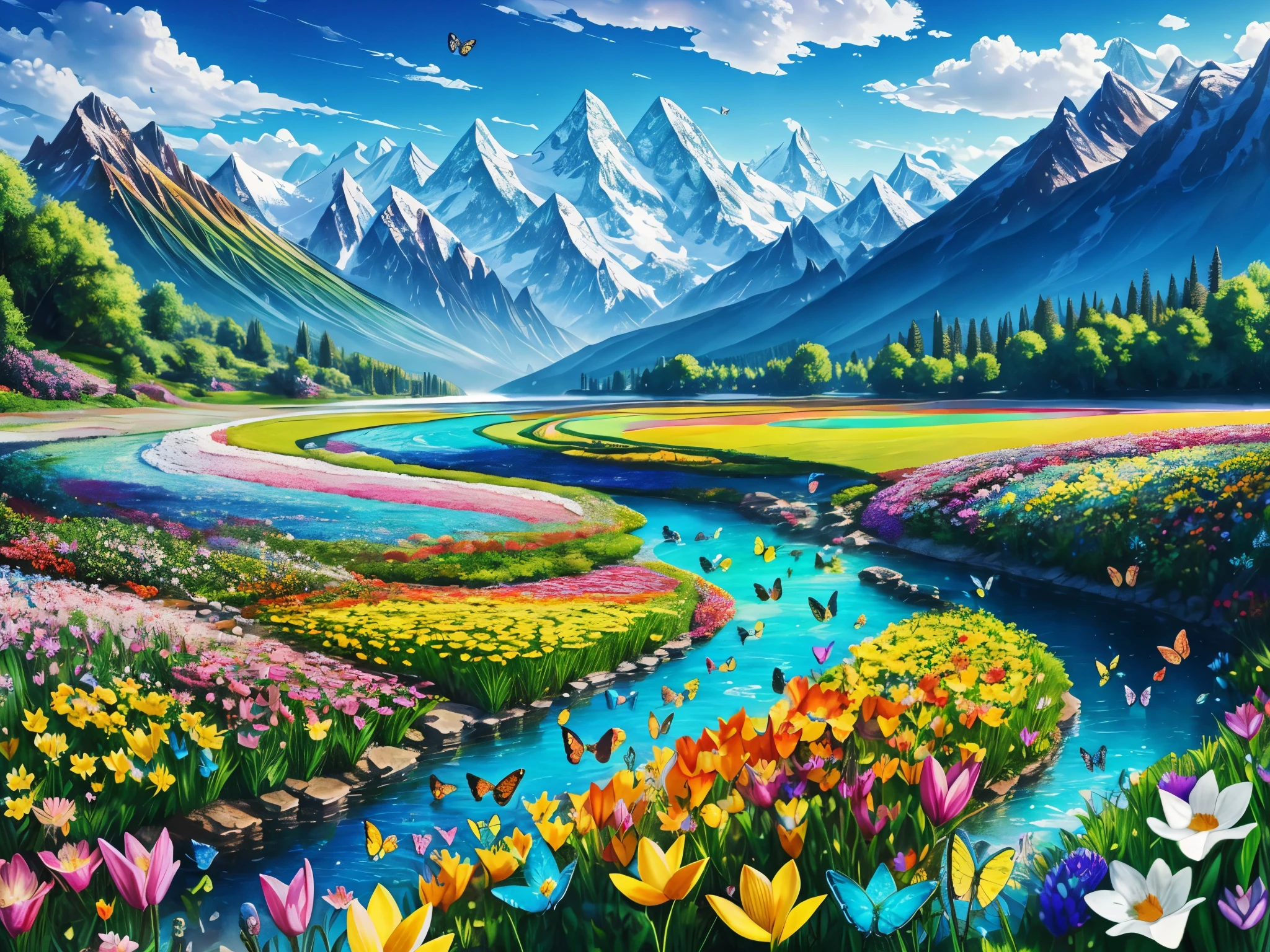 a field of brightly colored flowers of different type made of shiny glass with mountains in the background, multi-colored butterflies made of glass, a waterfall, stream and a lake, blue sky, white fluffy clouds, realistic mallard ducks in the stream and lake