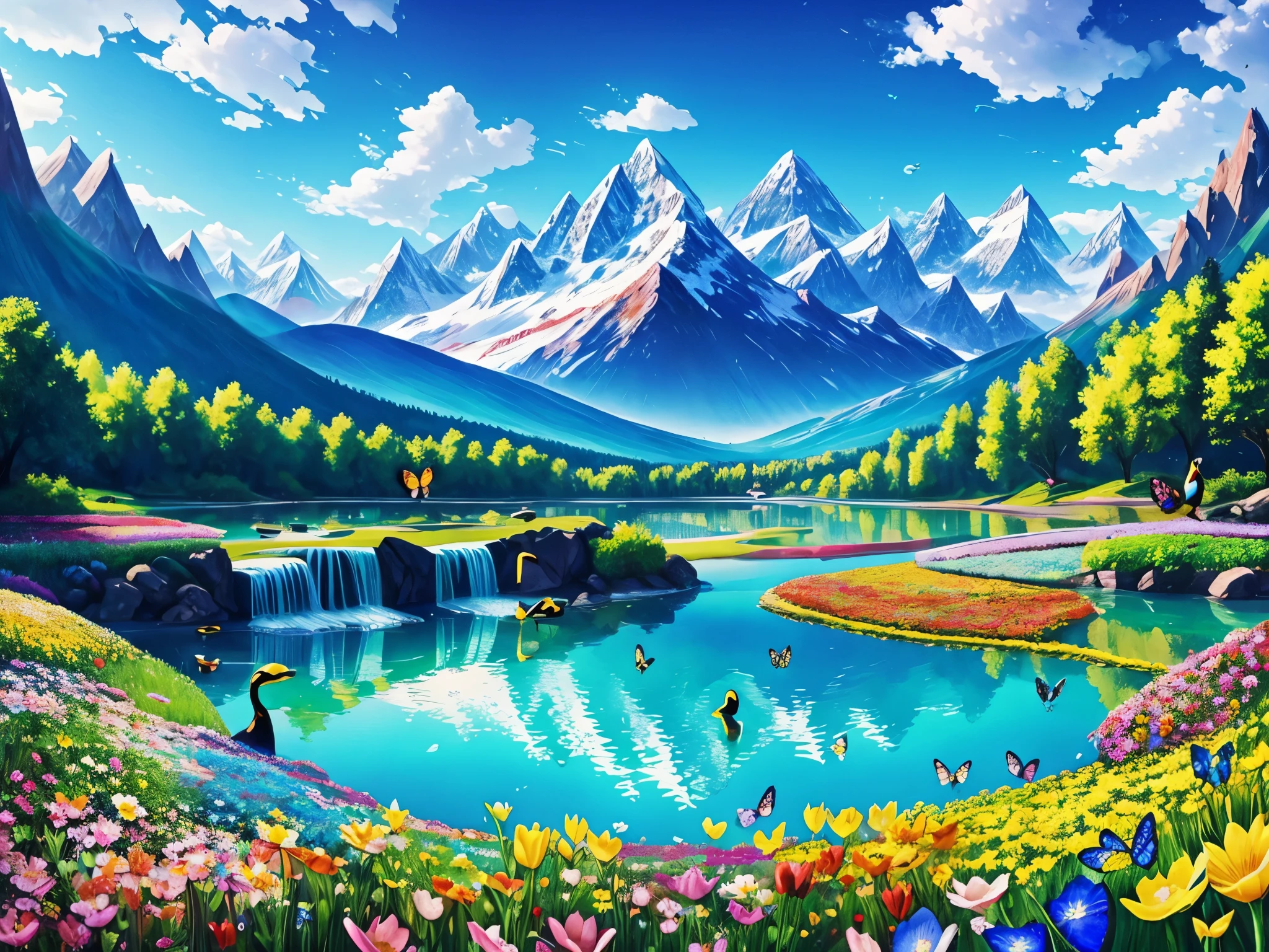 a field of brightly colored flowers of different type made of shiny glass with mountains in the background, multi-colored butterflies made of glass, a waterfall, stream and a lake, blue sky, white fluffy clouds, realistic mallard ducks in the stream and lake