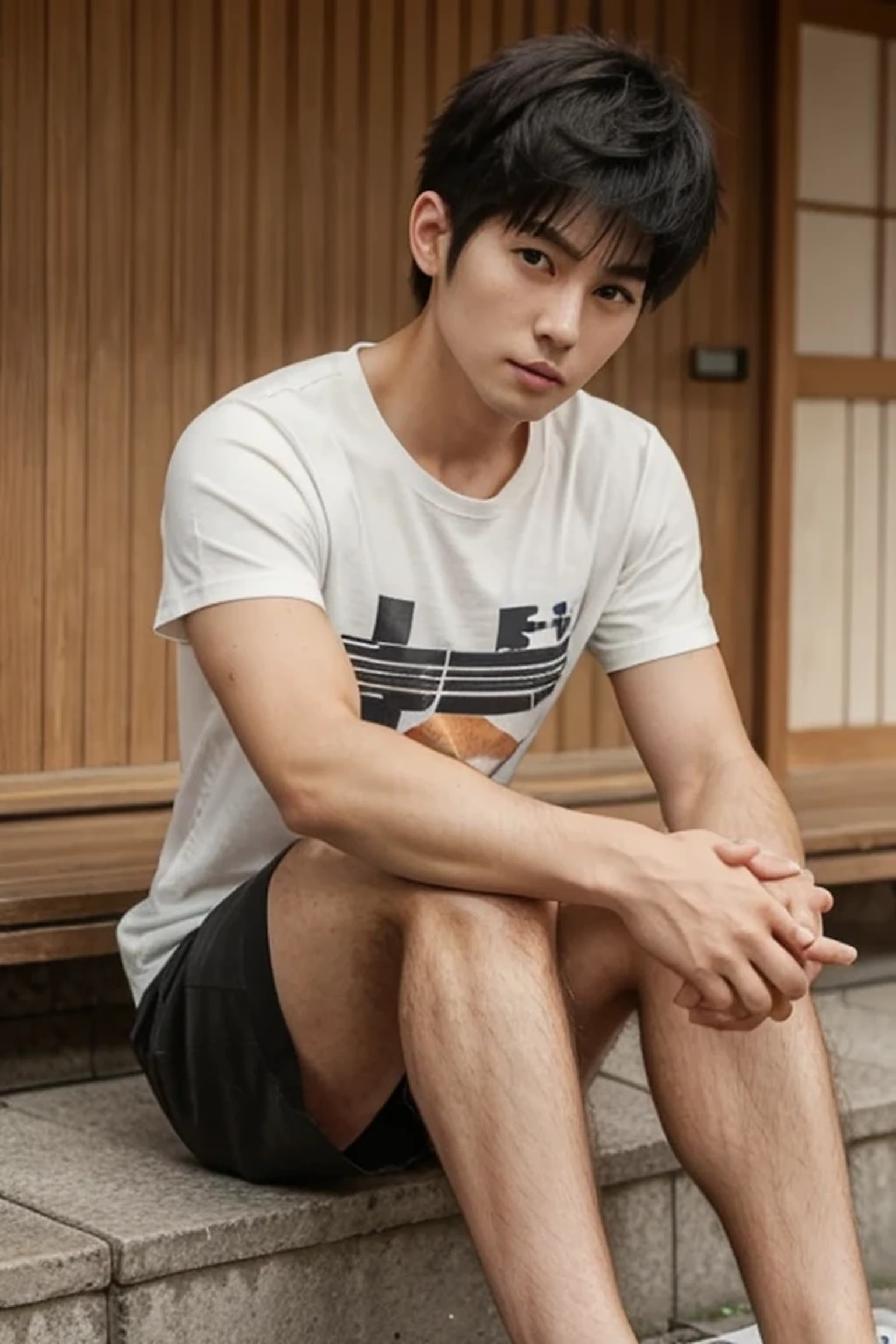 ((hairy legs)), (super sharp focus),toned legs, whole body, two block, messy shortt hair, long legs, Japan Male, 27 years old, wearing shorts, wearing a t-shirt, very short hair, black hair, sitting