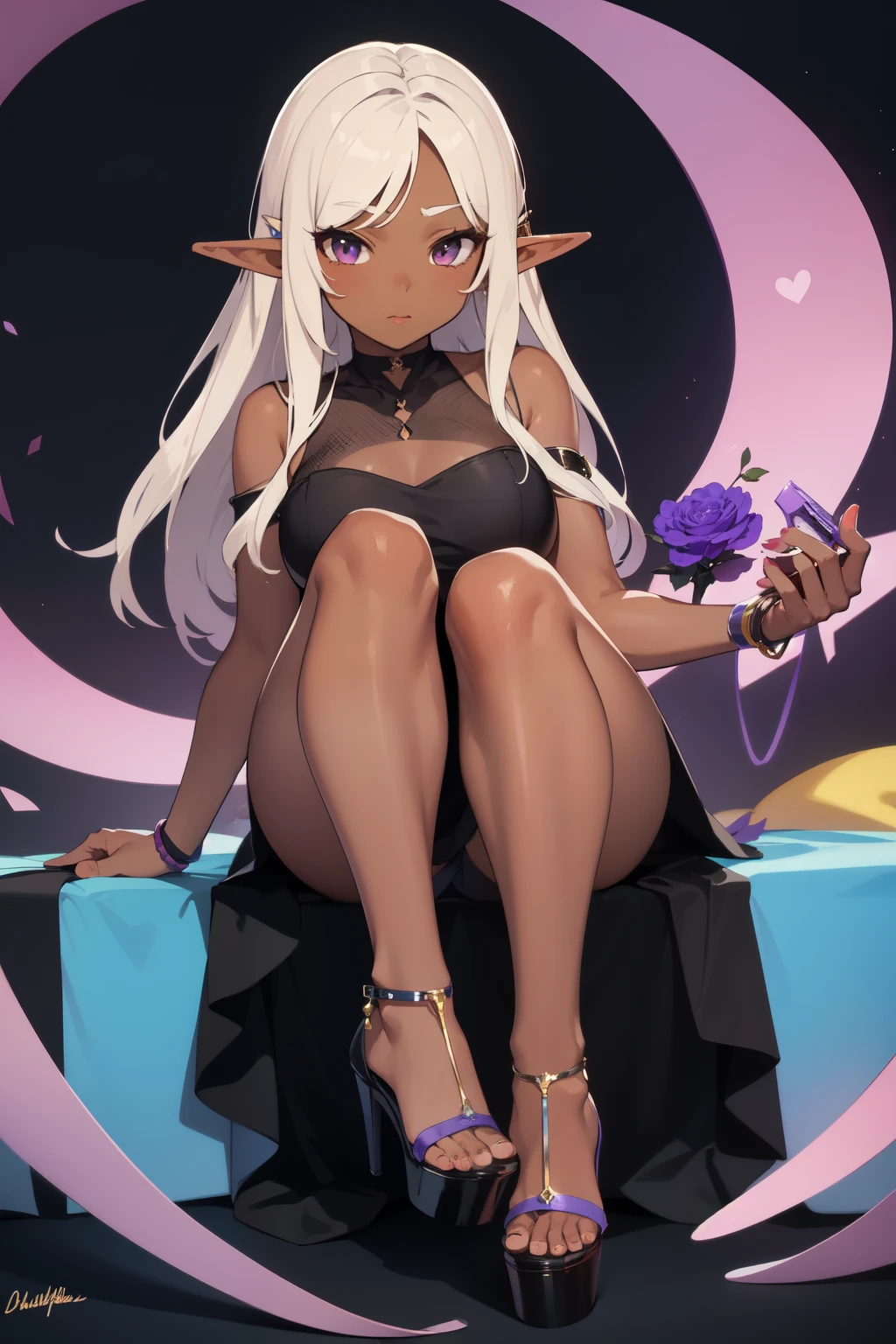 Elf,Dark skin tone, High-forked dress, High heel,purple-eyed,best quality, Gorgeous artwork,perfect face,masterpiece