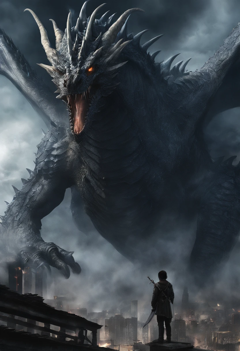(dragonスレイヤー)、concept art、dark clouds、lightning、(邪悪なdragon)、ダークdragon、Western Shenron、Vast dragon flying in the air、Has demonic Vast winganya、Dystopia、take a breath、burn down the city、realistic、real picture、aerial perspective、(Composition looking up from the ground at a dragon flying in the sky)、Vast、burn everything on earth、end、red glowing eyes、humankind annihilation、the city was engulfed in burns、crocodile-like face、(western dragon)、(dragon'head is a little small)、flames like a nuclear explosion、Remains、pile of rubble、1dragon、conceptual art, shortening, wide angle, nffsw, muste piece, rough skin, Super detailed, advanced details, High resolution、Composition of a dragon seen from below、dust flies、(apocalyptic world)、scale、burn、Fine scale、((青く光る剣を構えdragonに立ち向かう勇者の少年))、((lightningを纏う青く光る剣を天に掲げる勇者))、fantasy art、concept art、dark clouds、lightning、(邪悪なdragon)、ダークdragon、Hsien-lung、Vastな dragon flying in the air、Has demonic Vastな winganya、dystopia、take a breath、Burn down the city、realistic、real image、aerial perspective、(上空を飛ぶHsien-lungを地上から見上げる構図)、Vastな、Burn everything on earth、end、red glowing eyes、humankind annihilation、the city was engulfed in Burns、crocodile-like face、(western dragon)、(dragon'head is a little small)、赤と黒のHsien-lung、flames like a nuclear explosion、Remains、pile of rubble、1dragon、conceptual art, shortening, wide angleの, nffsw, pieces fly, rough skin, Super detailed, advanced details, High resolution、Composition of a dragon seen from below、dust fly、(apocalyptic world)、scale、Burn、Fine scale、(((A brave boy fighting with a blue glowing sword.)))、