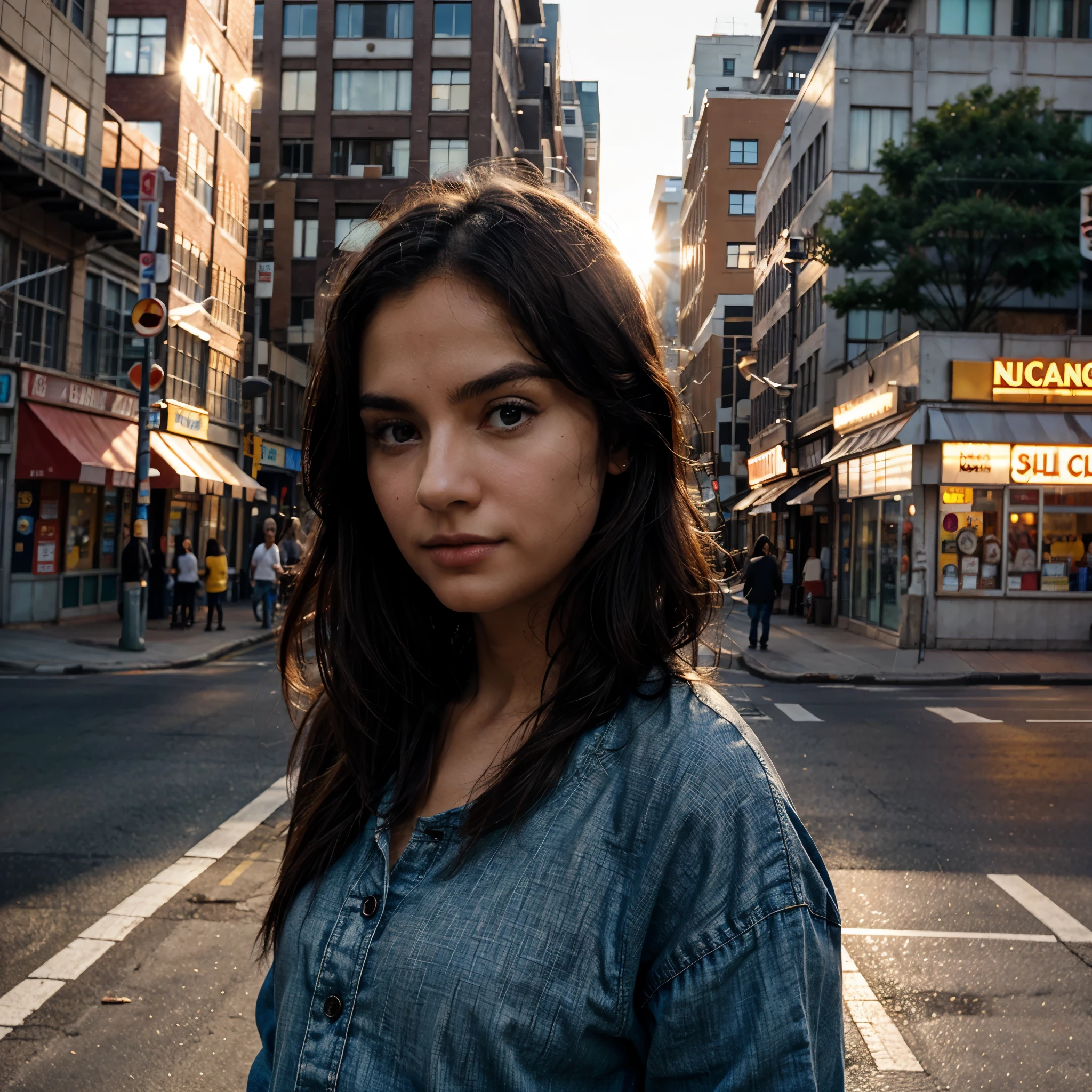 A cinematic realism image. A close-up of a woman standing on the street in golden hour backlighting. Warm color palette with natural light. Realistic with cinematic photography