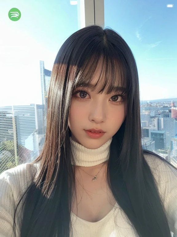 A closeup of a woman with long hair wearing a turtleneck sweater, momo de twice, con flequillo, momo de twice, con flequillo completo, neat hair con flequillo, she has red hair con flequillo, long hair con flequillo, 8k selfie photography, momo twice, sweet and sexy expression 