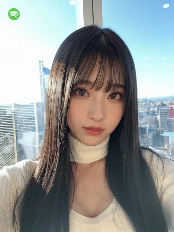 A closeup of a woman with long hair wearing a turtleneck sweater, momo de twice, con flequillo, momo de twice, con flequillo completo, neat hair con flequillo, she has red hair con flequillo, long hair con flequillo, 8k selfie photography, momo twice, sweet and sexy expression 