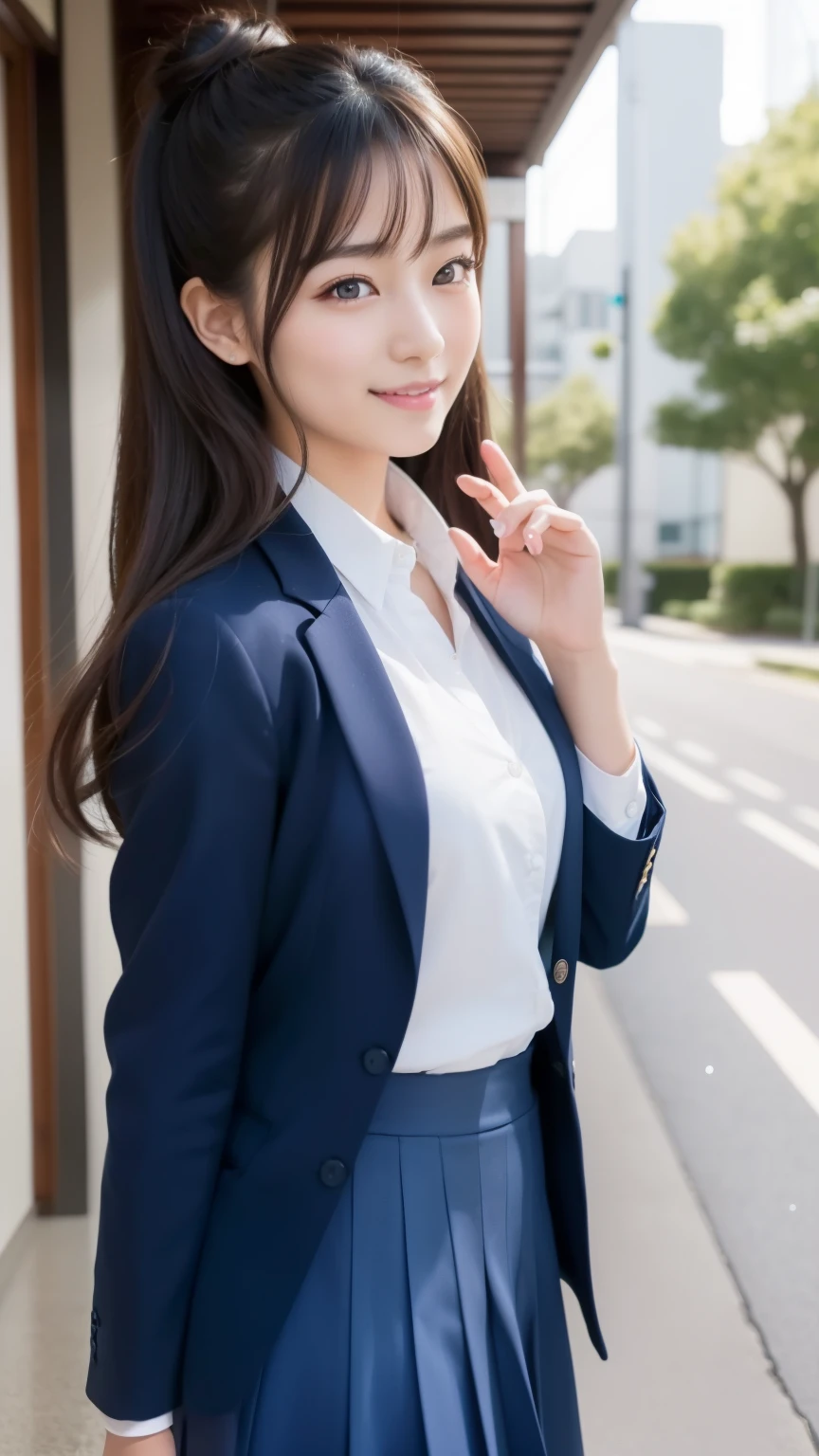 (8K, Super high resolution, highest quality, table top:1.2)、(natural skin texture、fine skin、hyper realism、Super sharpness)、intricate details、Depth of bounds written、japanese idol 、Uniform blazer girl for photo, Two beautiful japanese girl、 16 years、Walking down the school hallway on the way to class、waving、gorgeous japanese model, long twin tails、Lovely lady, japanese goddess, gorgeous young japanese woman, japanese girl, Outfits of high school girls、japanese girl, beautiful sexy woman photo, beautiful goddess, Beautiful Japan high school student, amazingly cute、inviting eyes