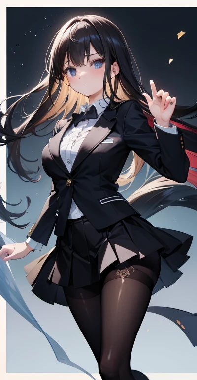 最high quality , master piece ,full body view、 1 strap , beautiful face , Illuminated border , high quality , High resolution , 4K , 8K , Bokeh , absurd , Ideal proportions of four fingers and thumb, (realistic:1.3), cute 1 girl, Wearing a black formal blazer, short skirt,lace pantyhose,legs are slightly open、
