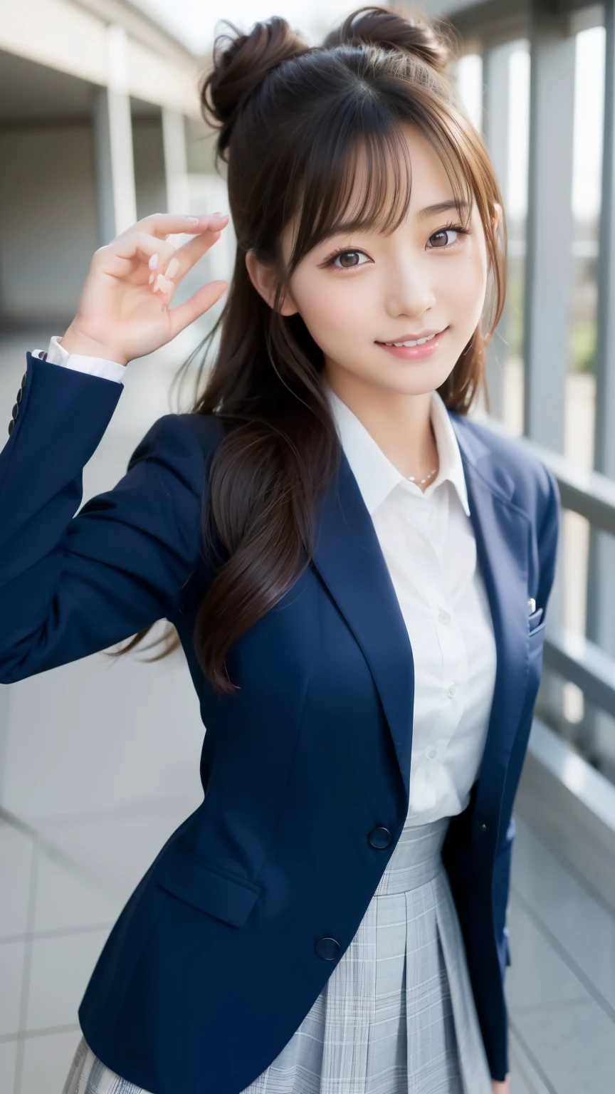 (8K, Super high resolution, highest quality, table top:1.2)、(natural skin texture、fine skin、hyper realism、Super sharpness)、intricate details、Depth of bounds written、japanese idol 、Uniform blazer girl for photo, Two beautiful japanese girl、 16 years、Walking down the school hallway on the way to class、waving、gorgeous japanese model, long twin tails、Lovely lady, japanese goddess, gorgeous young japanese woman, japanese girl, Outfits of high school girls、japanese girl, beautiful sexy woman photo, beautiful goddess, Beautiful Japan high school student, amazingly cute、inviting eyes