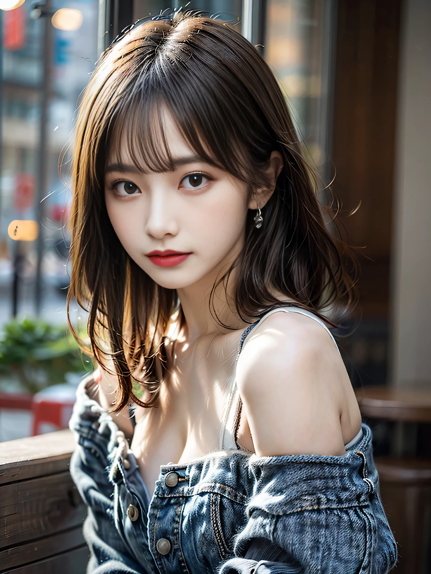 1 girl,21 years old, Leaning against the window,Bright backLight, alone, {Beautiful eyes details 1.3)(round eyes:1.8) , Highly detailed facial and skin textures, Natural and soft Light, dark brown hair,natural drape, Exquisite facial features, blunt bangs, beautiful korean girl, Eyes full of love, smile very happily (She wore a delicate off-shoulder sweater:1.3), (She is wearing a denim skirt:1.3)、small waist、E杯、Deep V cut,film grain,sexy pose,masterpiece, best quality, Light, super detailed,, ultra high resolution, 8k wallpaper, Perfect dynamic composition, Exquisite facial features,It's a perfect face,Facing the peak of sexual arousal, looking at the audience,hair natural,Fragrant shoulders,clavicle,Ultimate Light and shadow,Wear delicate earrings,have,(Skin texture is extremely delicate1.3), (perfect details: 1.1),Looks a lot like actor Li Qin,Place your hands behind your body、Half bodyEsbian、
