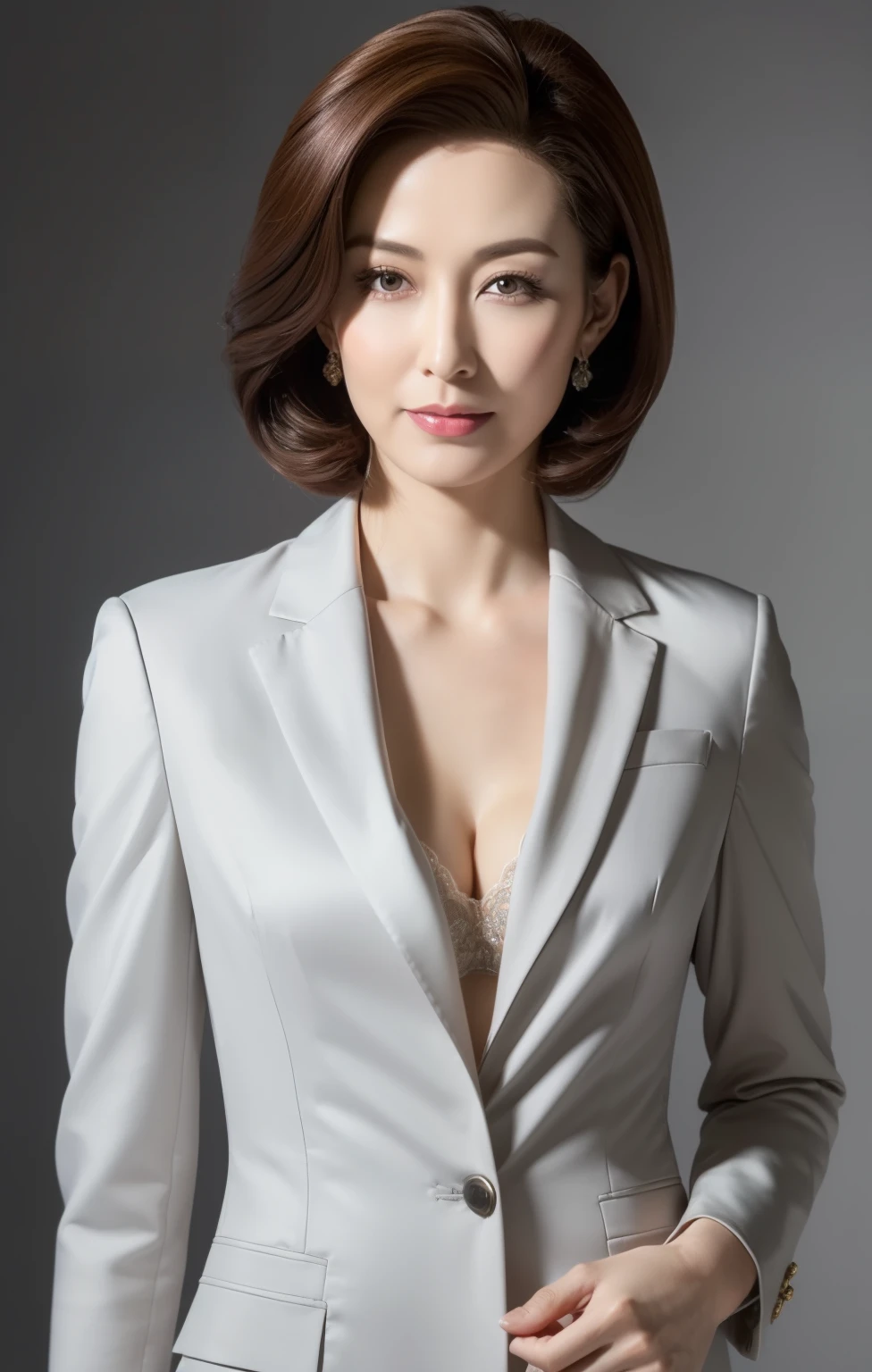masterpiece,highest quality, (mature woman alone), ((portrait:1.5)), compensate, Elegant gray suit, White cut and sew, 45 years old、Heavy makeup、heavy makeup、big throat buddha、Throat Buddhaが目立つ、Throat Buddha、knee length skirt、Actually a man dressed as a woman、She is wearing a wig with semi-long hair., shiny hair、luxury high quality wigs、背景はHotel lobby、Hotel lobby、((Seduction expression)),