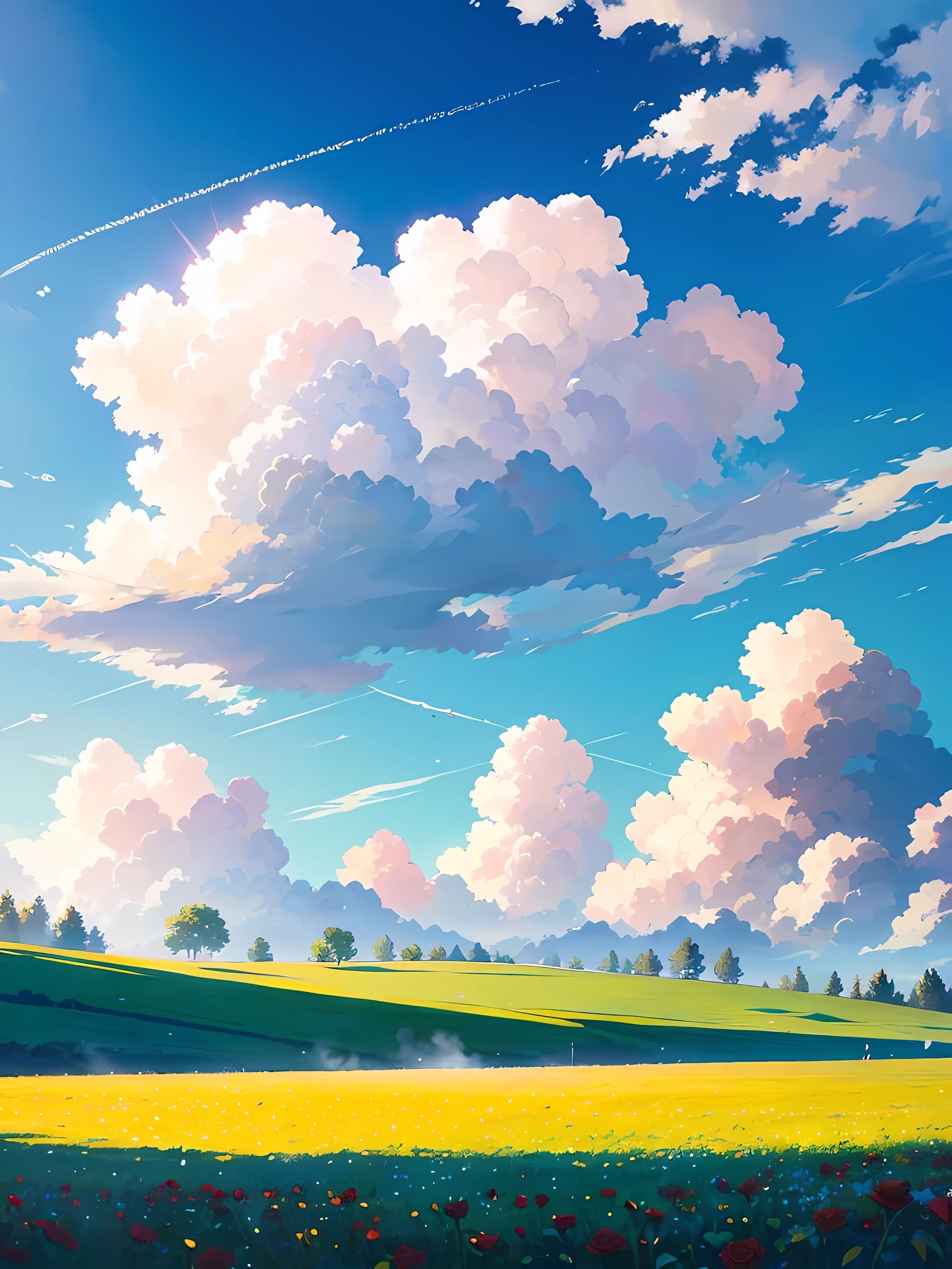 A field of flowers, clouds, blue sky, grass, sun rays, flat, romantic, mature, roses
