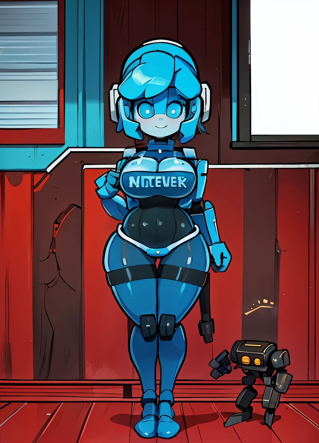 An android robot standing in a beach house, curvy, very large legs, incredibly massive thighs, big breasts, personal housekeeper, waiting patiently for instructions, plastic blue hair, metallic skin, paneling gaps, standing near a deck porch, slightly grinning, robotic joints and limbs, very robotic features, perfect hands, high quality,